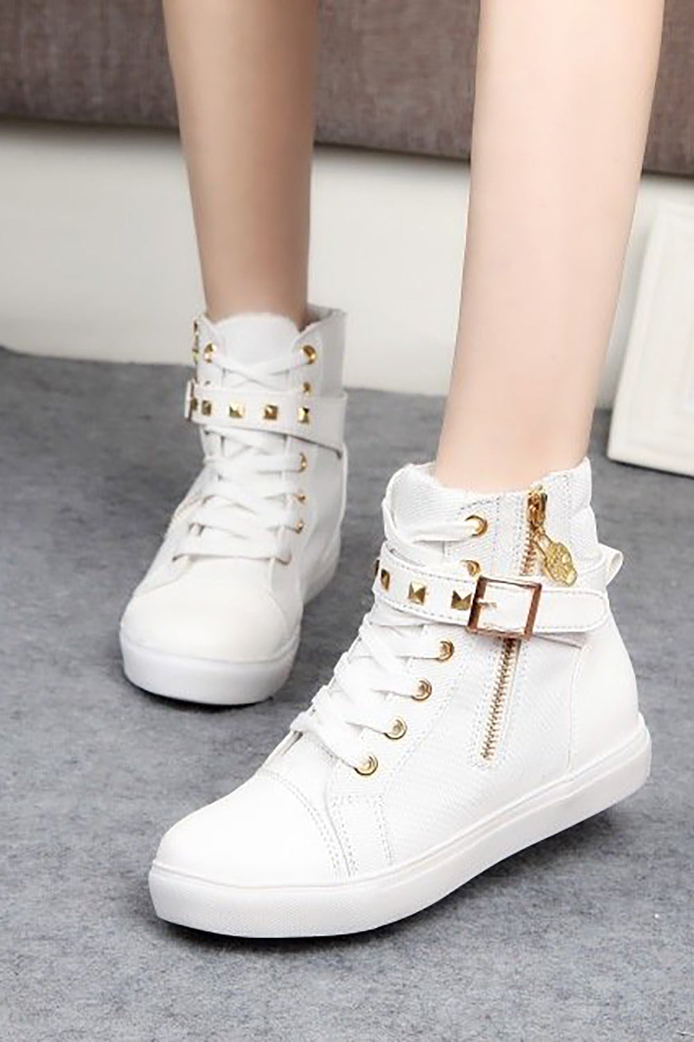 White Rivet Buckle Lace Up Canvas Sneakers