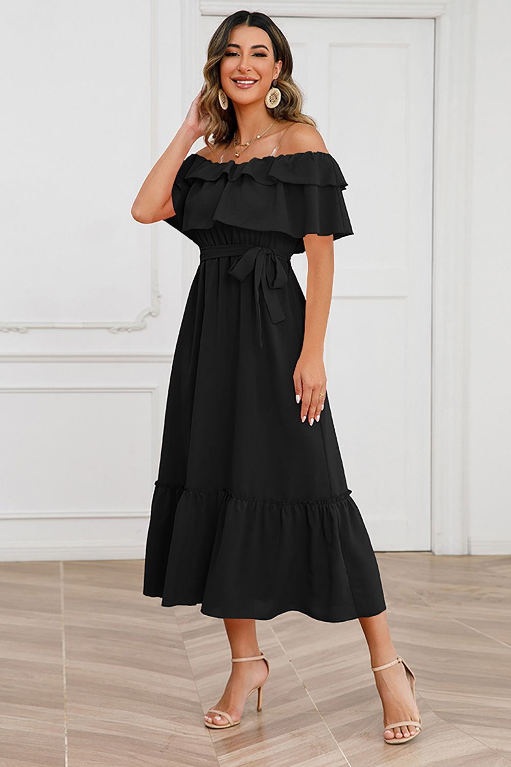 A-Line Off The Shoulder Black Casual Dress with Ruffles
