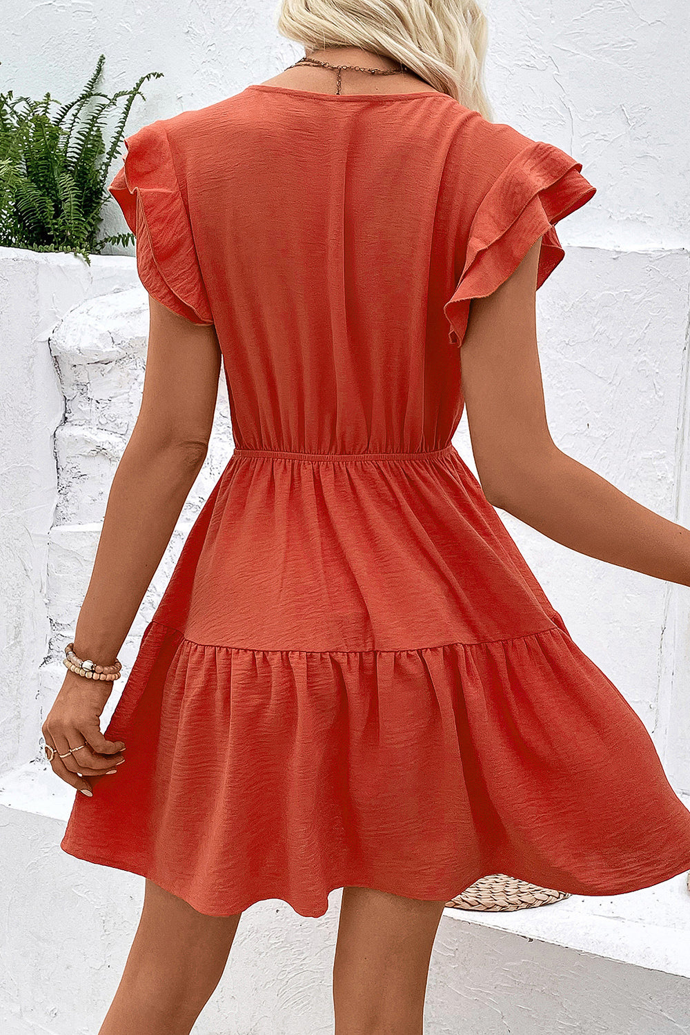 Orange V Neck Ruffles Short Summer Dress