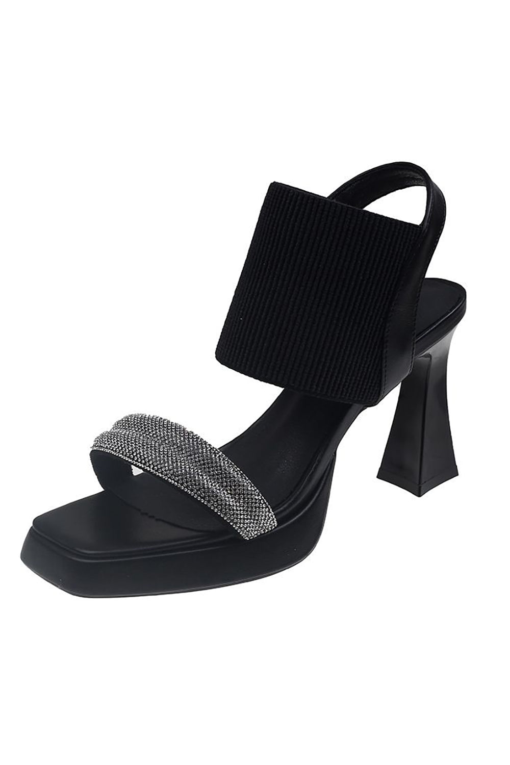Thick Heel Solid Rhinestone Fish Mouth Elastic Sandals