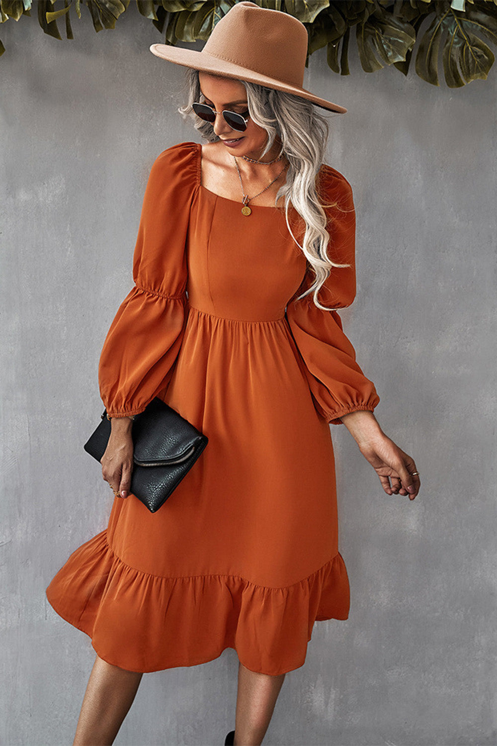 Orange Long Sleeves Square Neck Midi Casual Dress