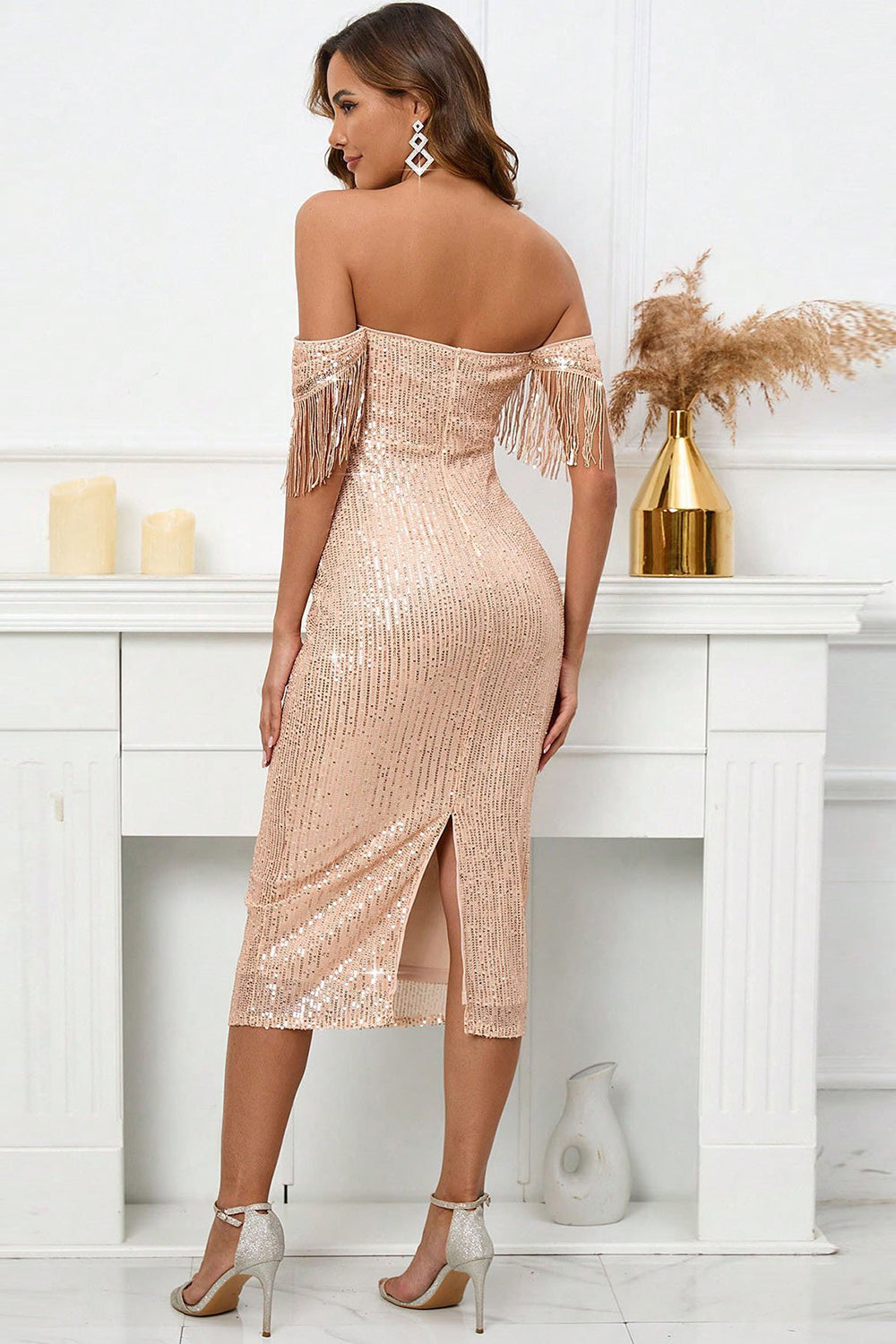 Champagne Off the Shoulder Bodycon Sequined Cocktail Dress