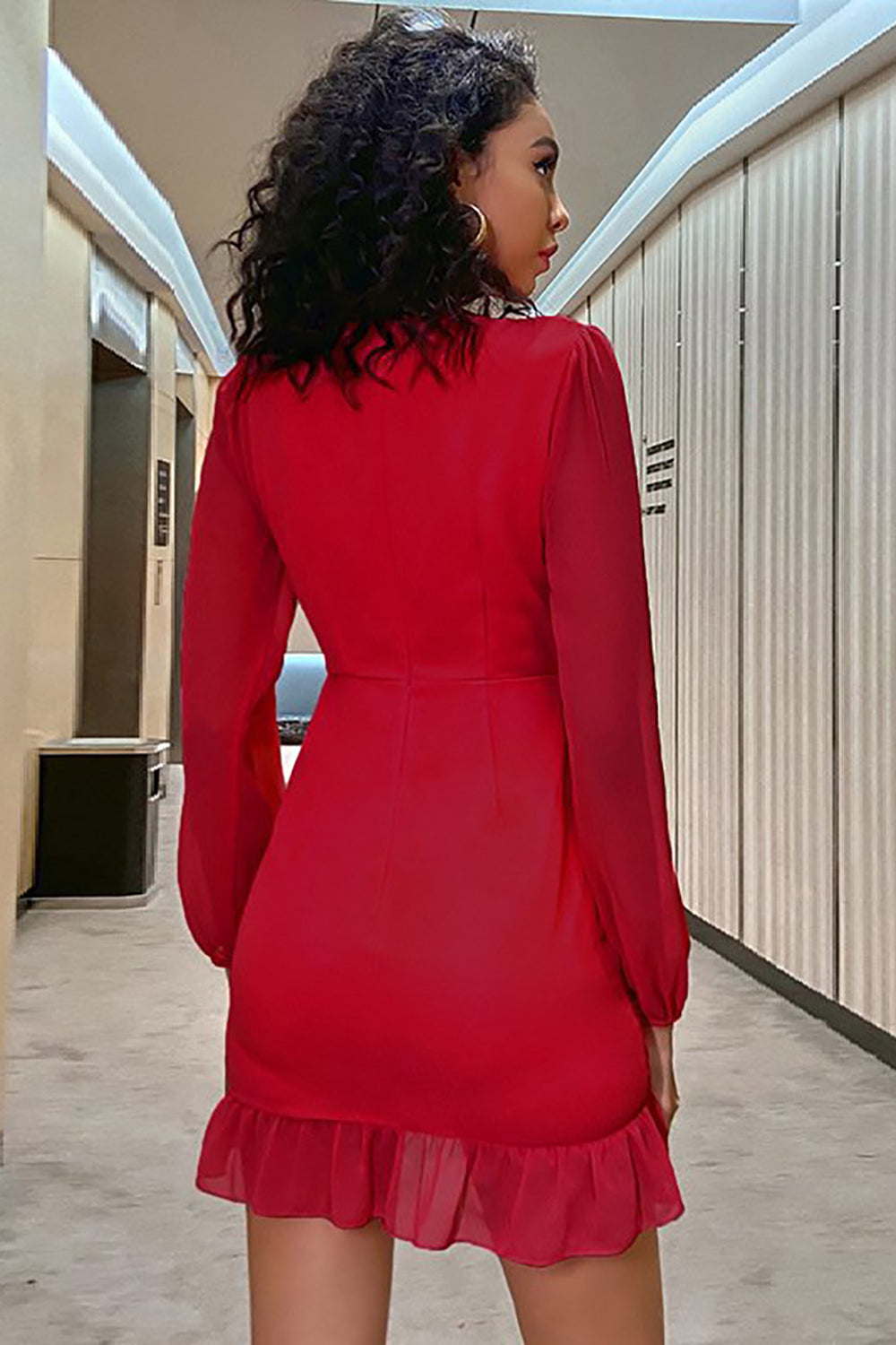 V-Neck Long Sleeves Red Homecoming Dress with Ruffles