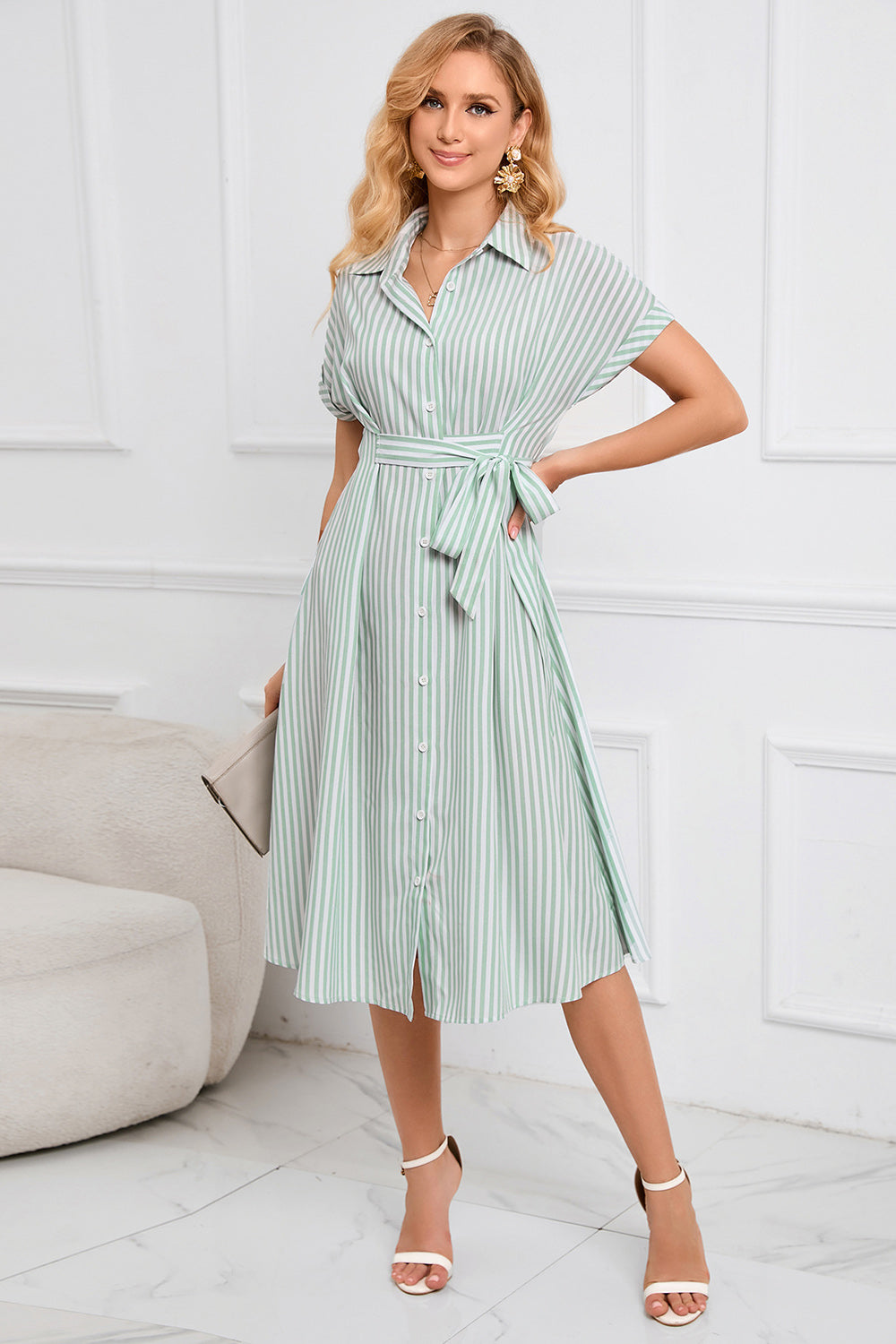 Light Green Stripes Summer Dress with Belt
