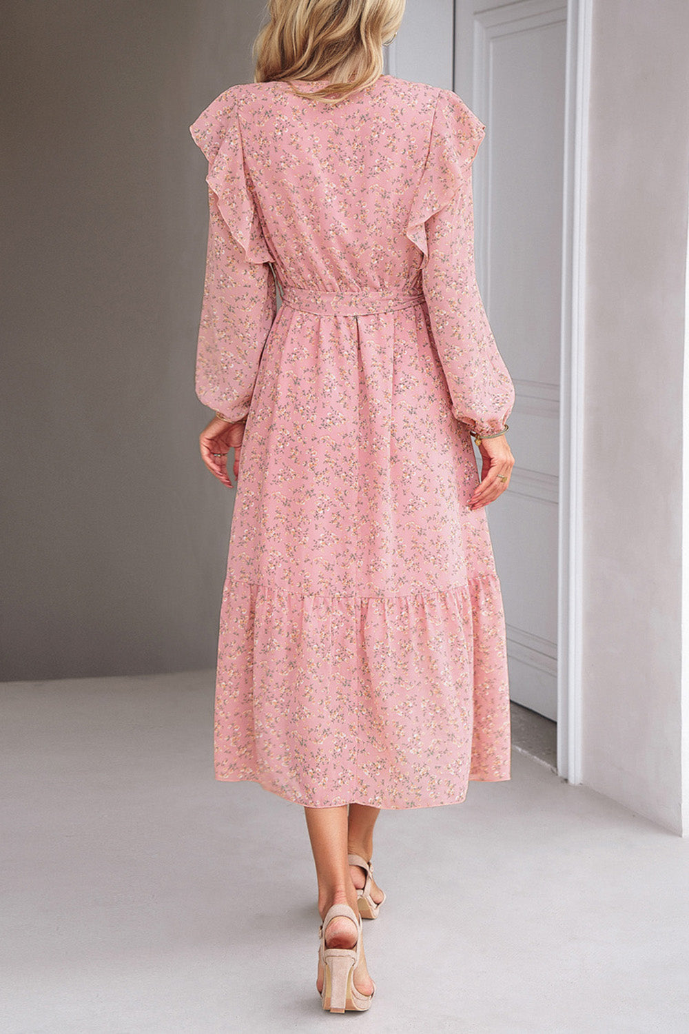 Floral Printed V-neck Summer Dress with Long Sleeves
