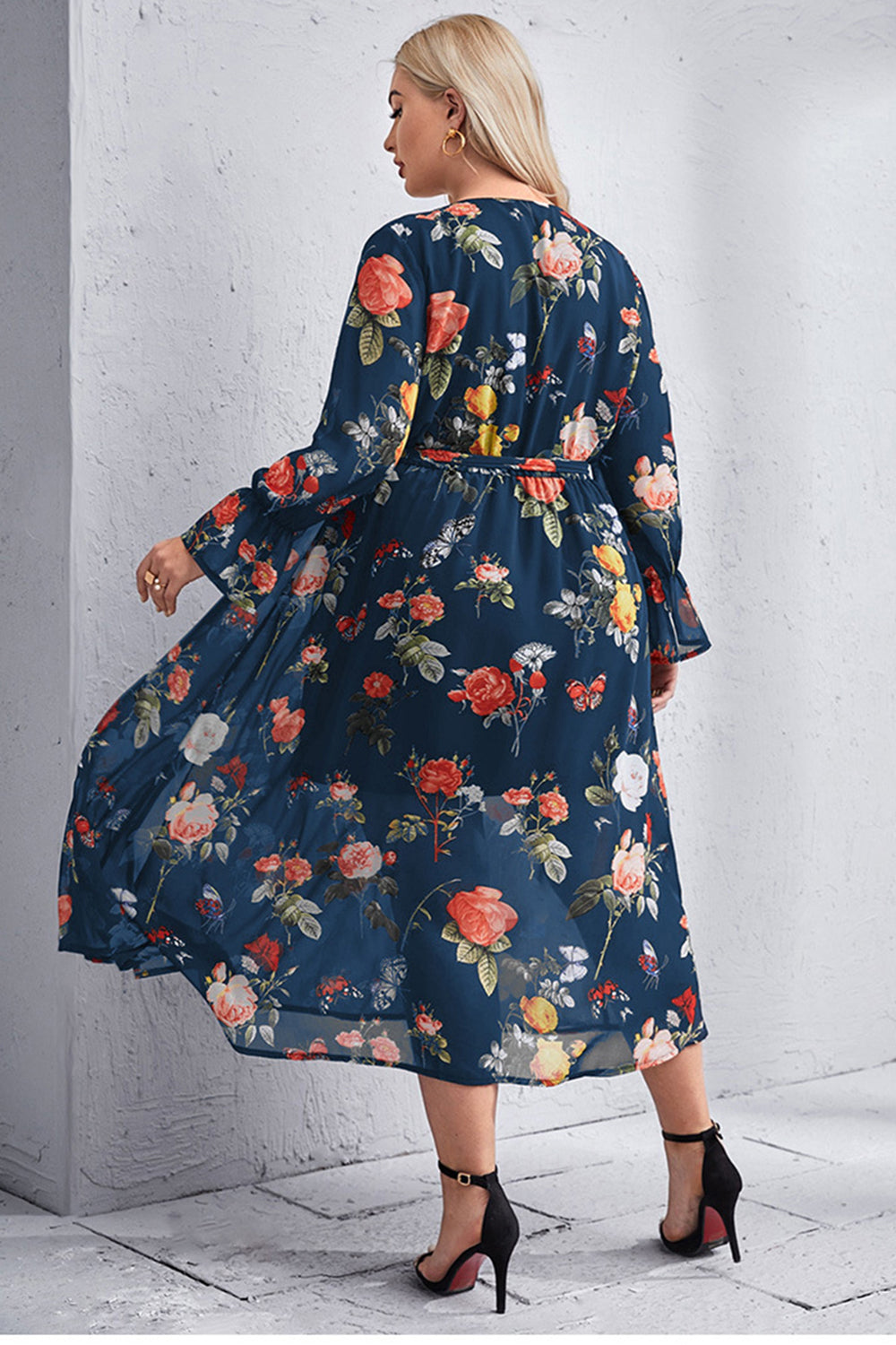 Grey Blue Plus Size Floral Summer Dress