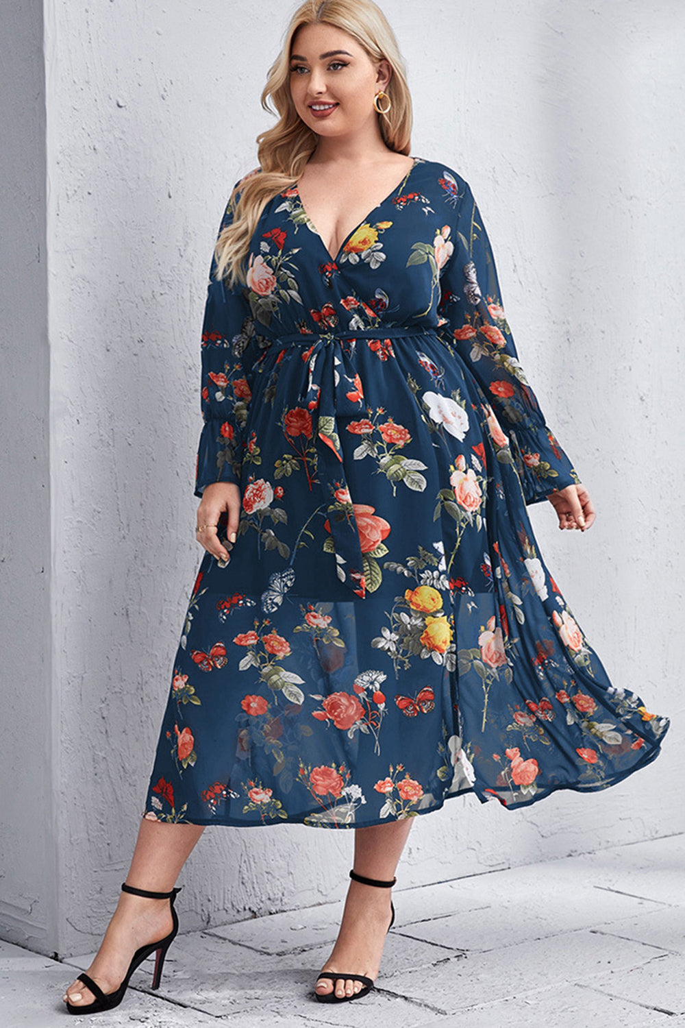 Grey Blue Plus Size Floral Summer Dress