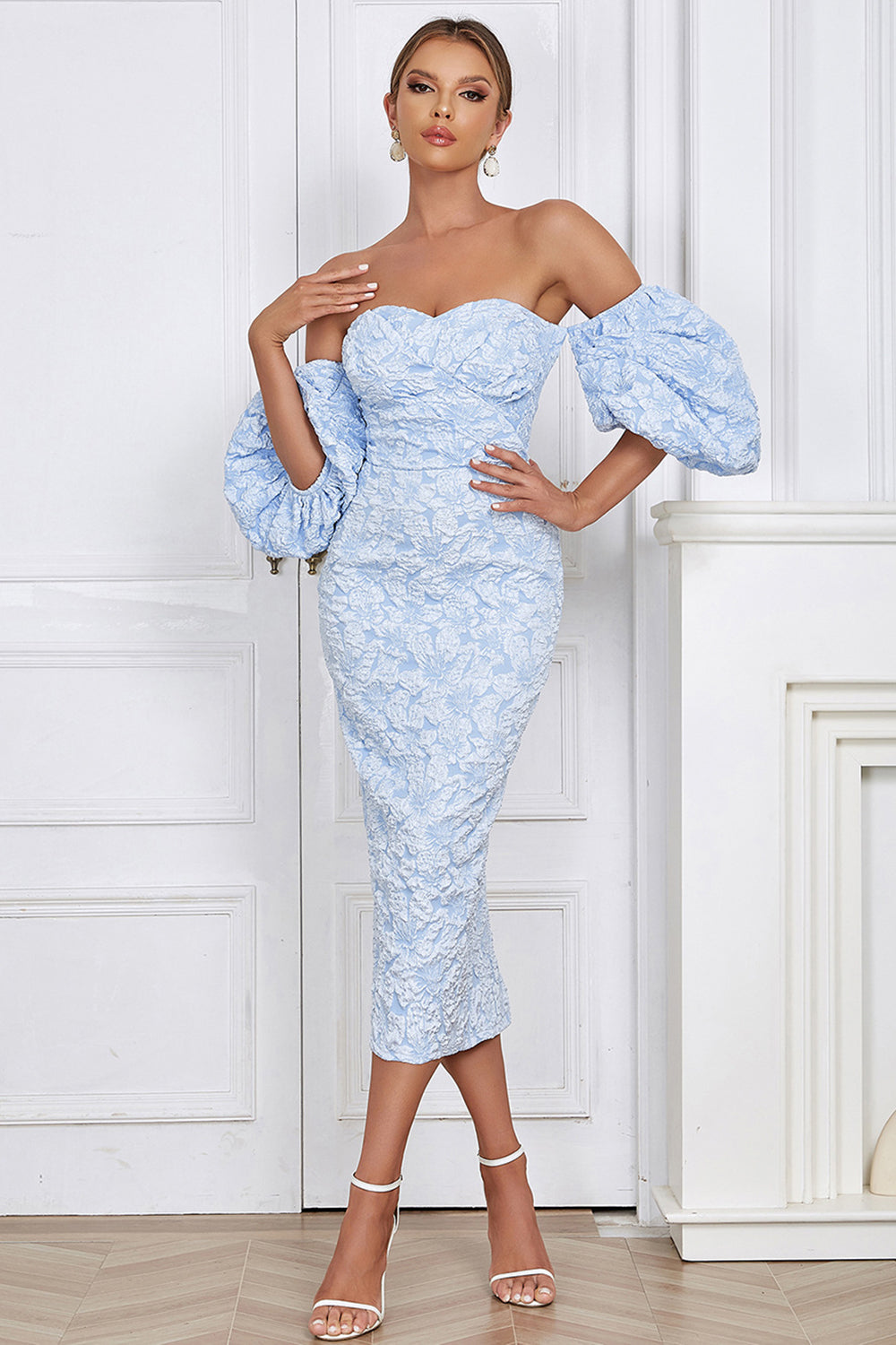 Light Blue Off the Shoulder Puff Sleeves Cocktail Dress With Slit