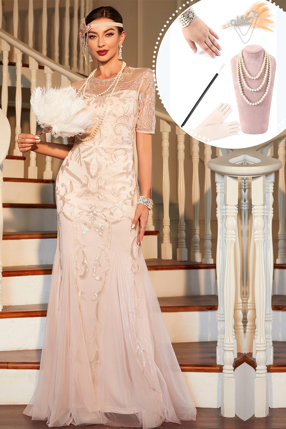 Sparkly Blush Sequined 1920s Flapper Dress with 20s Accessories