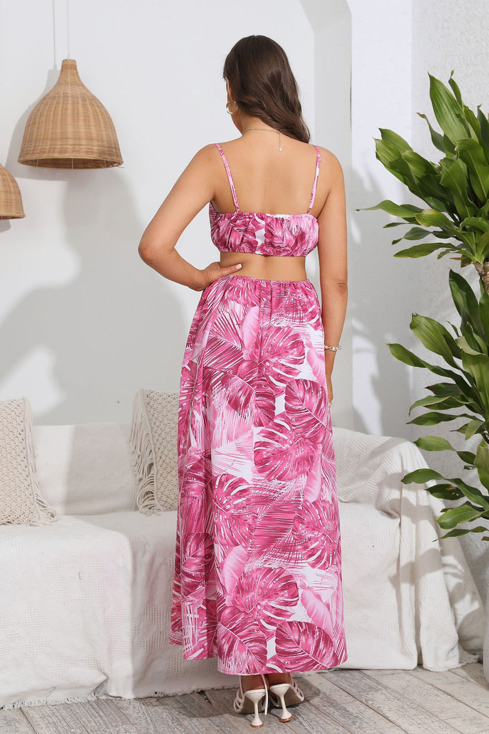 Pink Palm Leaf Printed Summer Dress