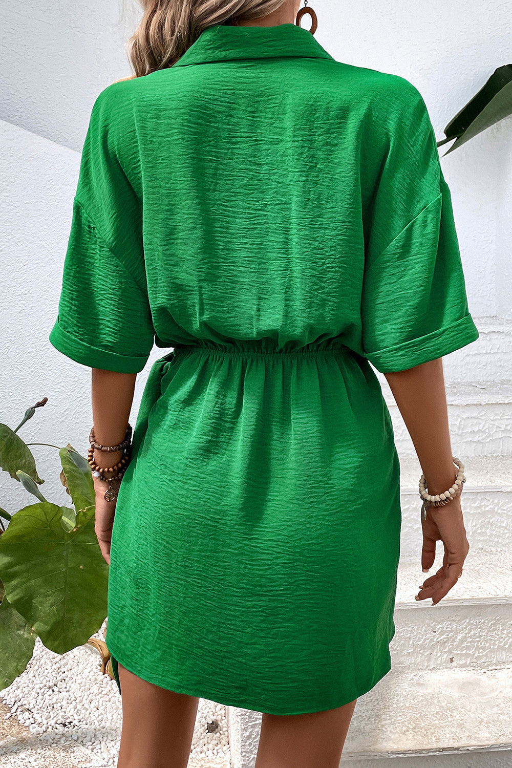 Green Half Sleeves Short Summer Dress With Belt