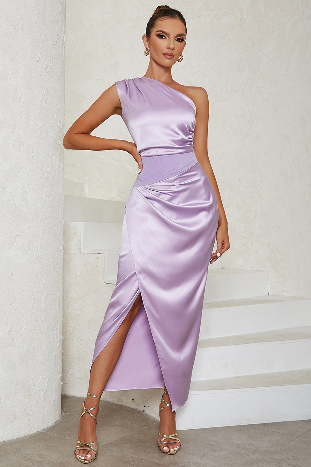 Lavender One Shoulder Wrap Cocktail Dress With Slit