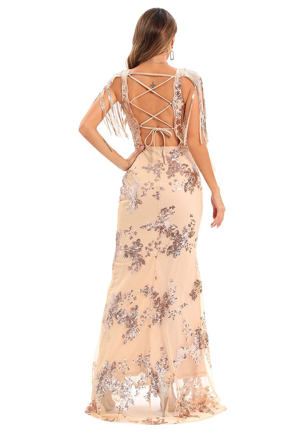 Champange Sequins Long 1920s Dress with Fringes