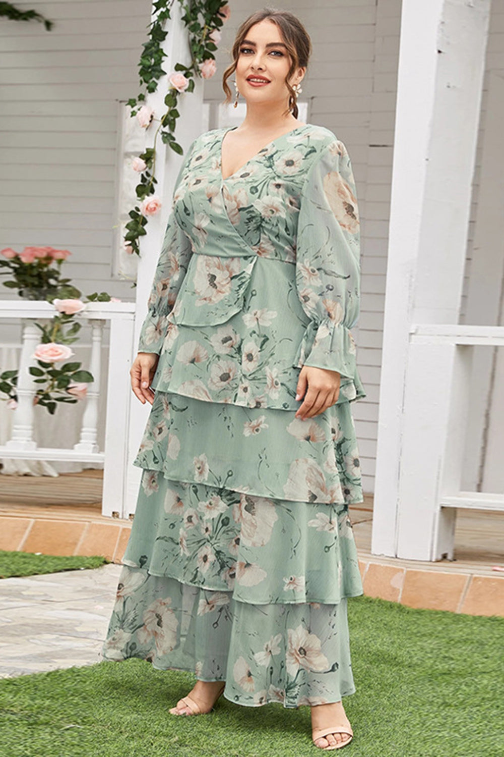 Plus Size Green Floral Tiered Summer Dress