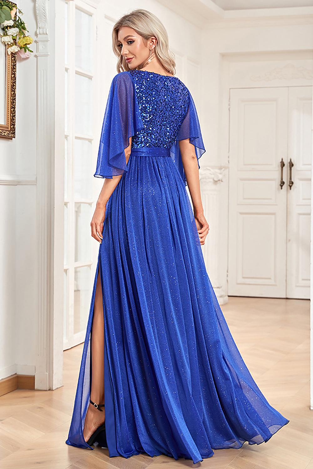 V-Neck Sequins Royal Blue Long Mother of the Bride Dress with Slit