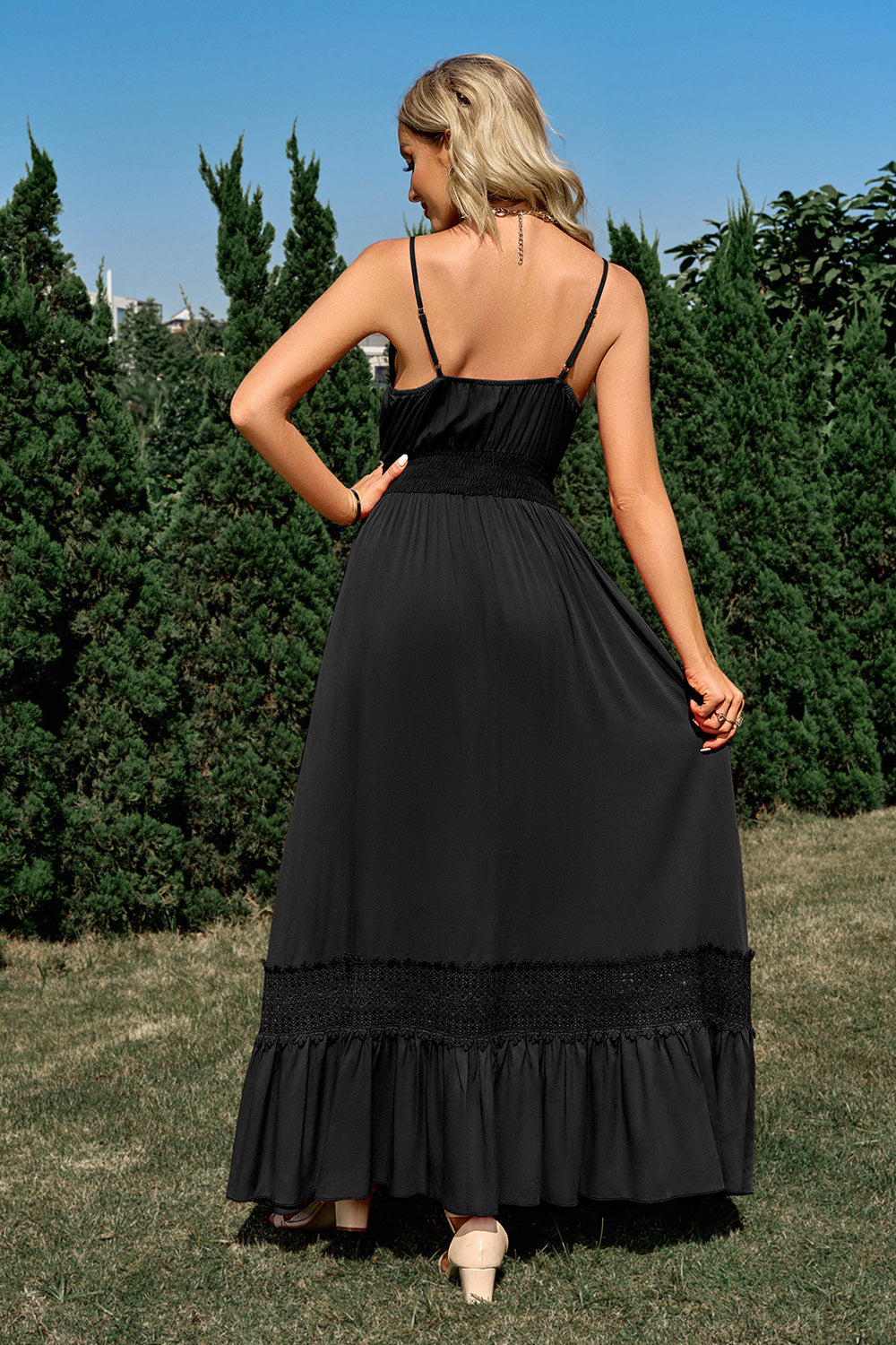 Black Spaghetti Straps Long Summer Dress With Lace