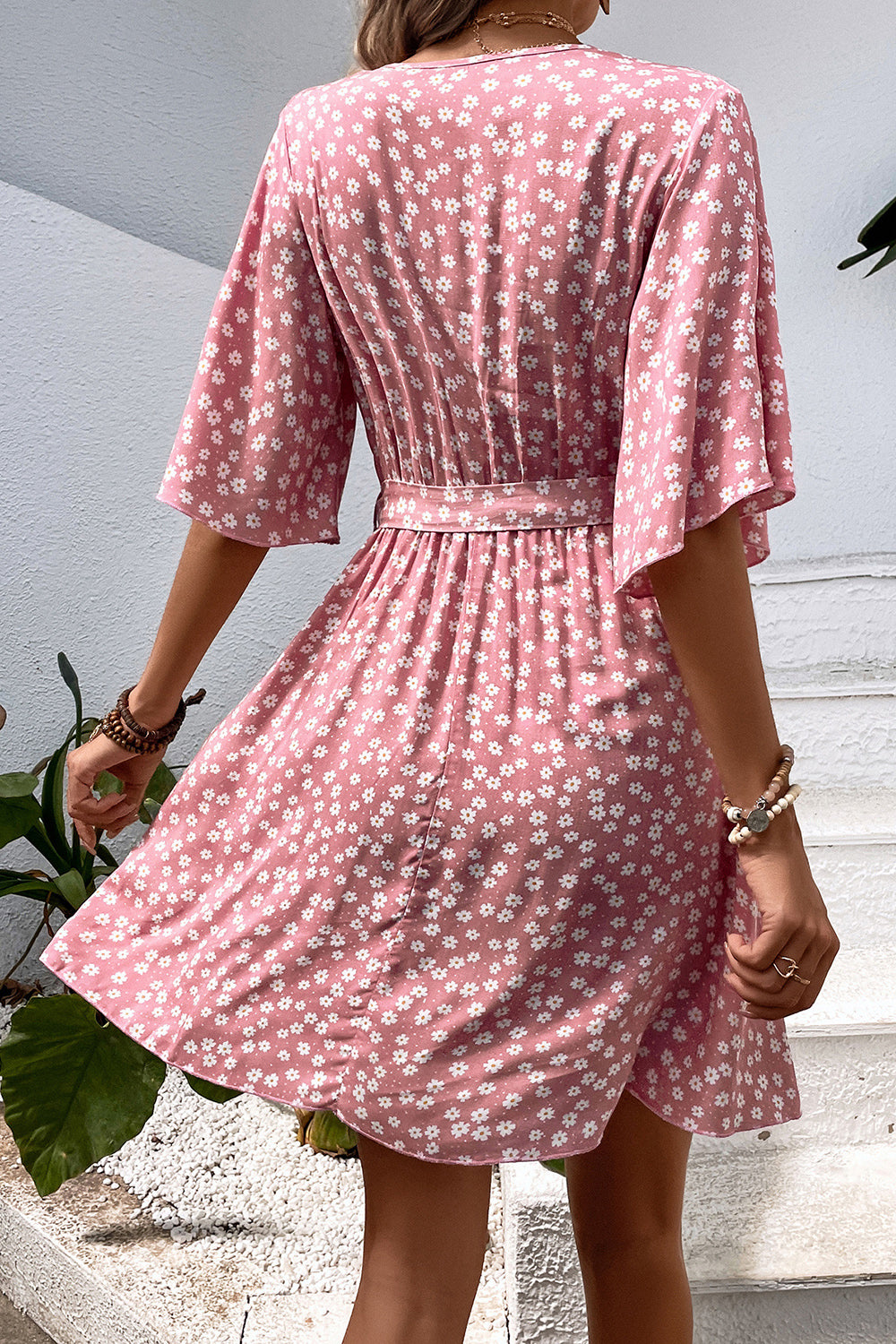 Blush Floral Printed Mid Sleeves Wrap Short Summer Dress