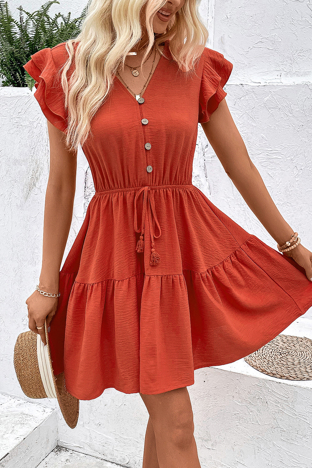 Orange V Neck Ruffles Short Summer Dress