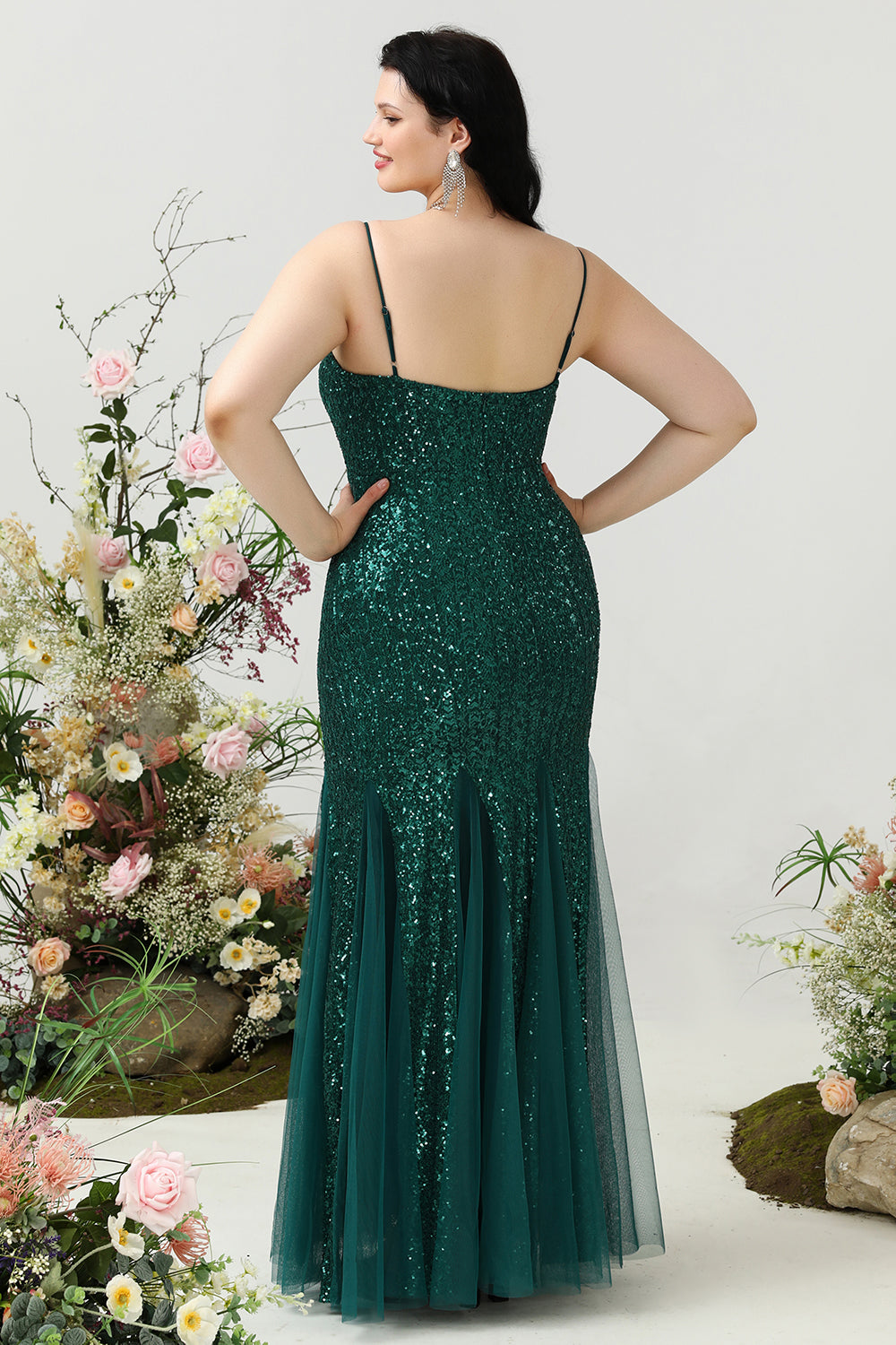 Sheath Spaghetti Straps Dark Green Sequins Plus Size Prom Dress