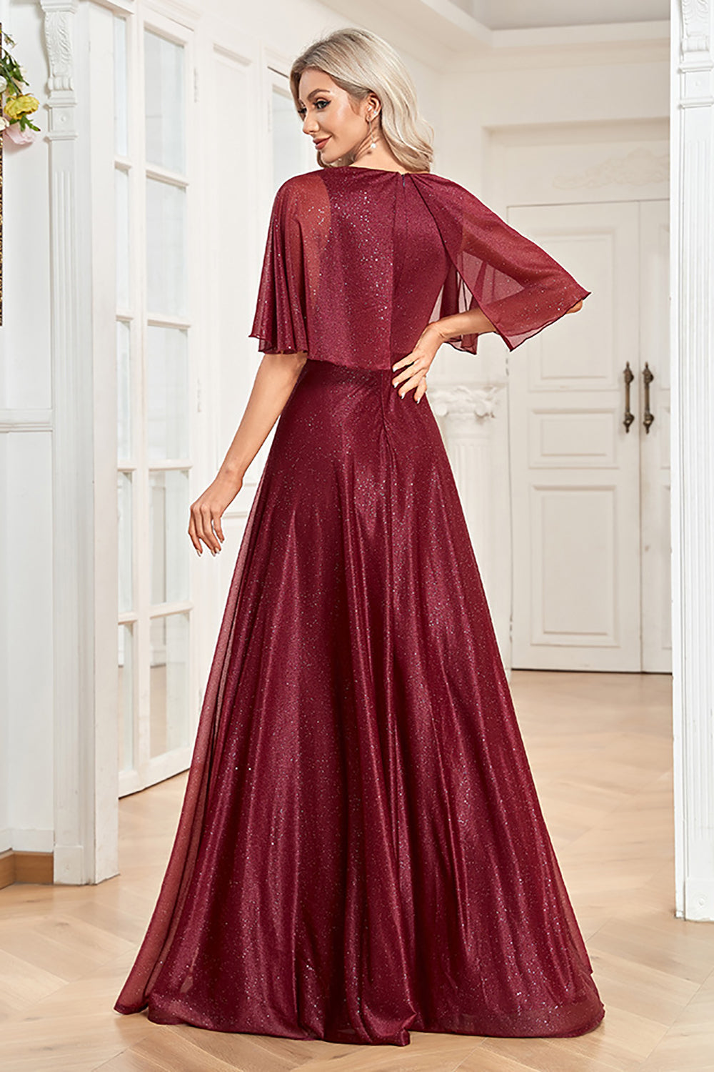 V-Neck Burgundy Long Mother of the Bride Dress with Sequins