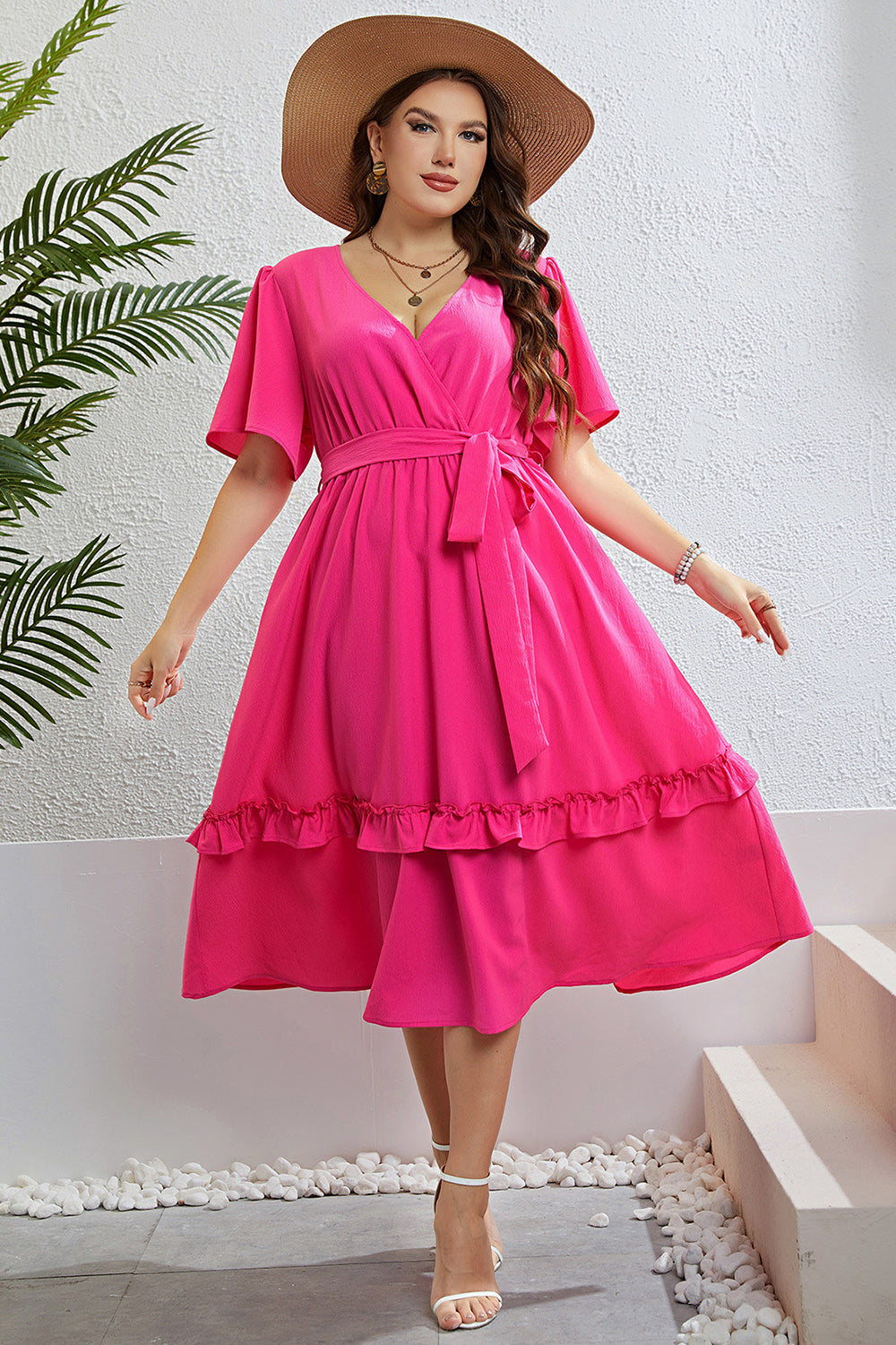 V Neck Fuchsia A Line Plus Size Summer Dress With Belt
