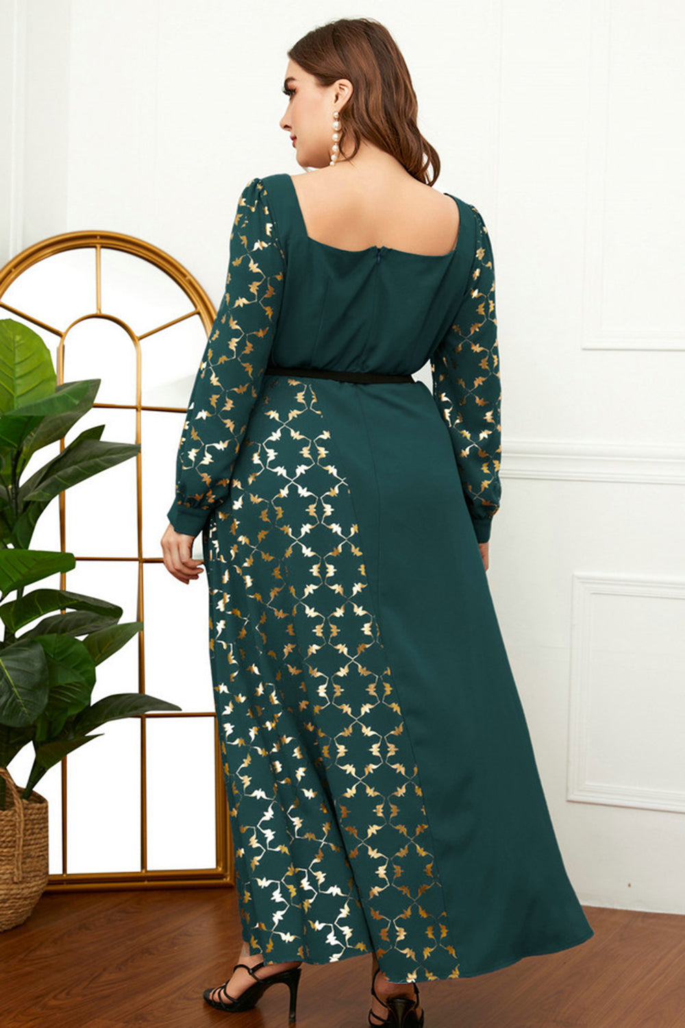 Plus Size Dark Green Printed Mother of the Bride Dress