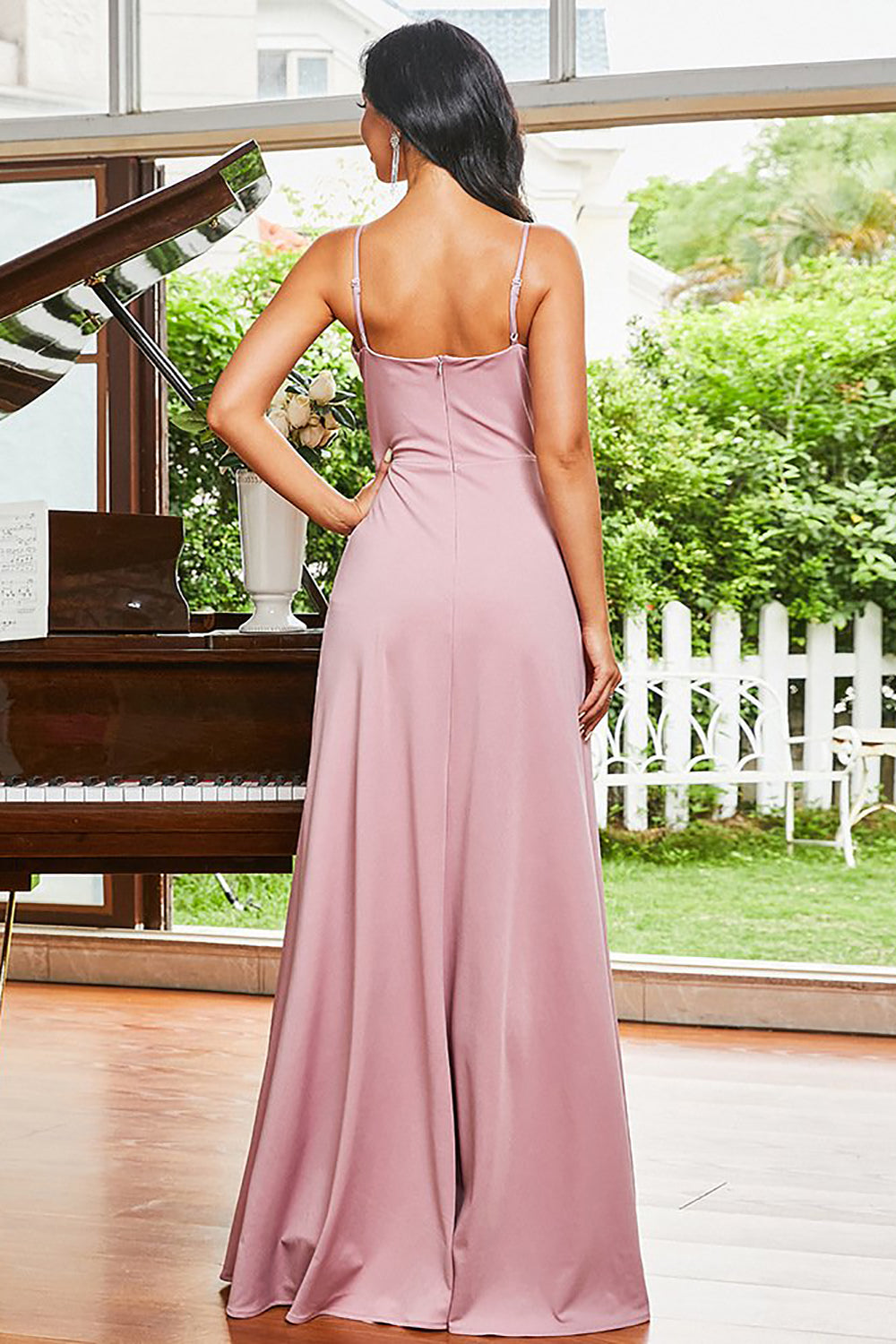 Spaghetti Straps Blush Long Prom Dress with Slit