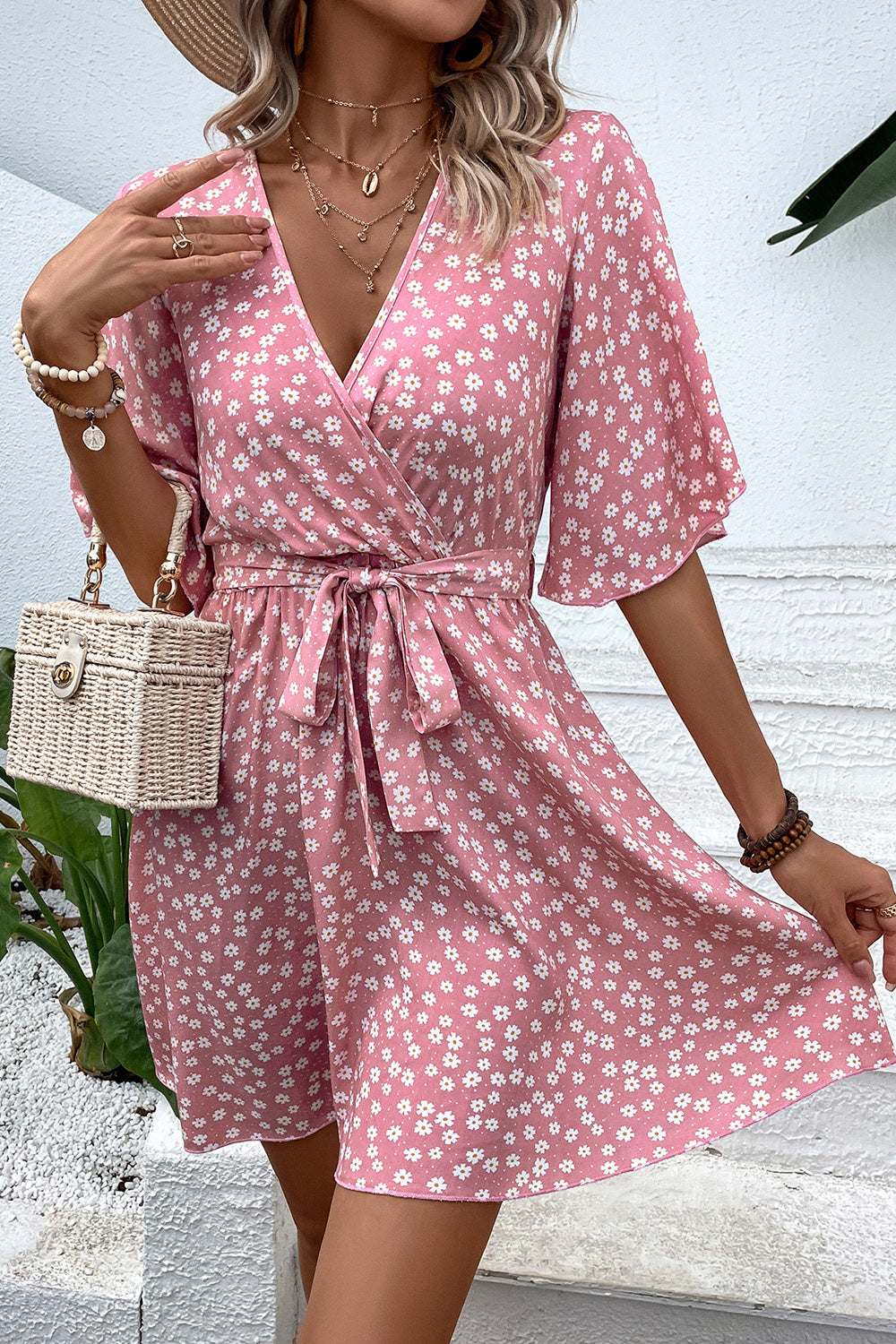 Blush Floral Printed Mid Sleeves Wrap Short Summer Dress