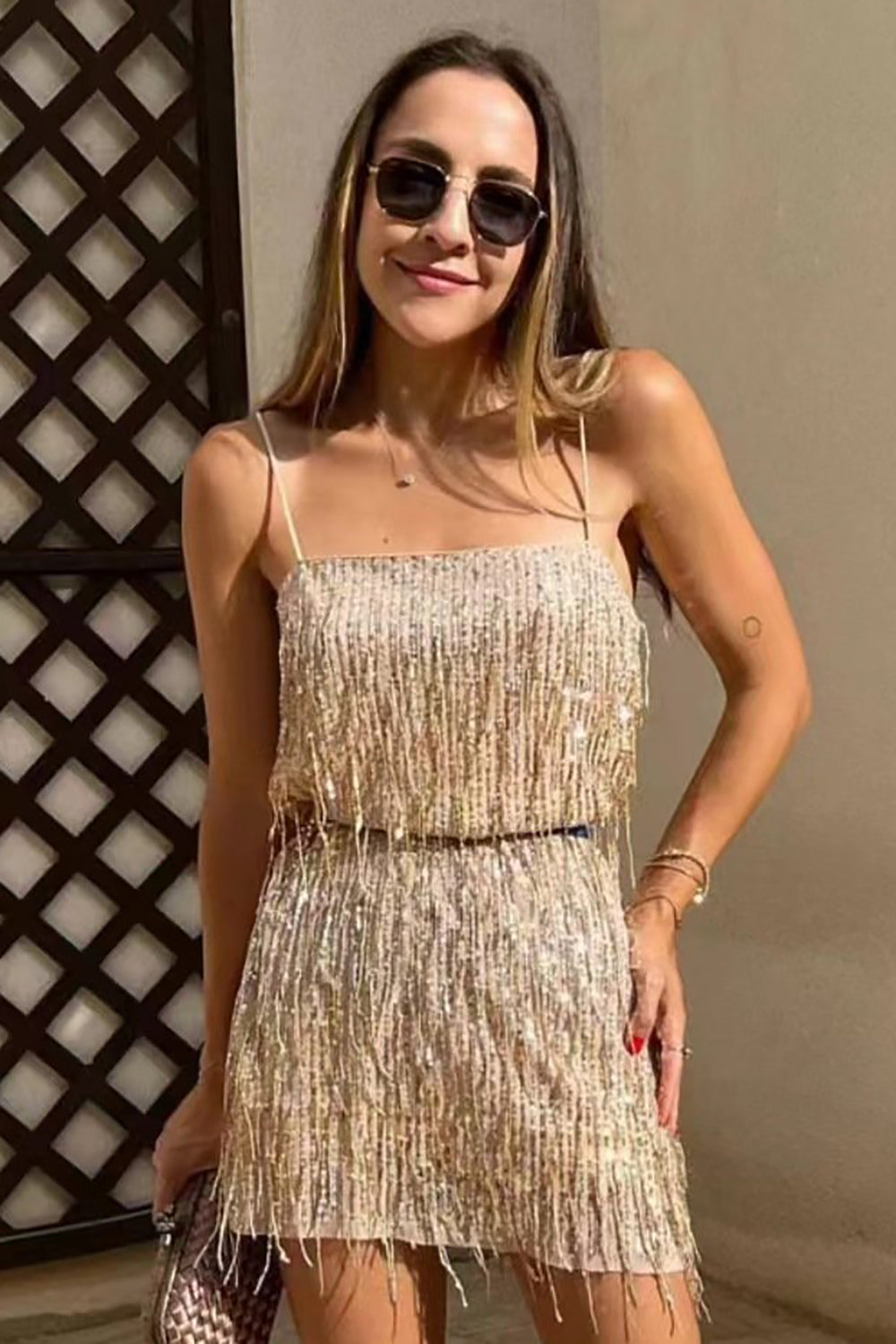 Spaghetti Straps Champagne Homecoming Dress with Fringes