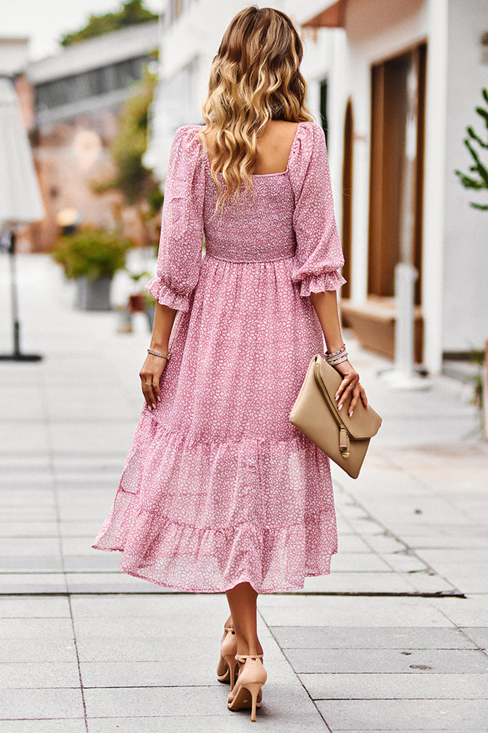 Pink Off the Shoulder Floral Printed Midi Summer Dress With Slit
