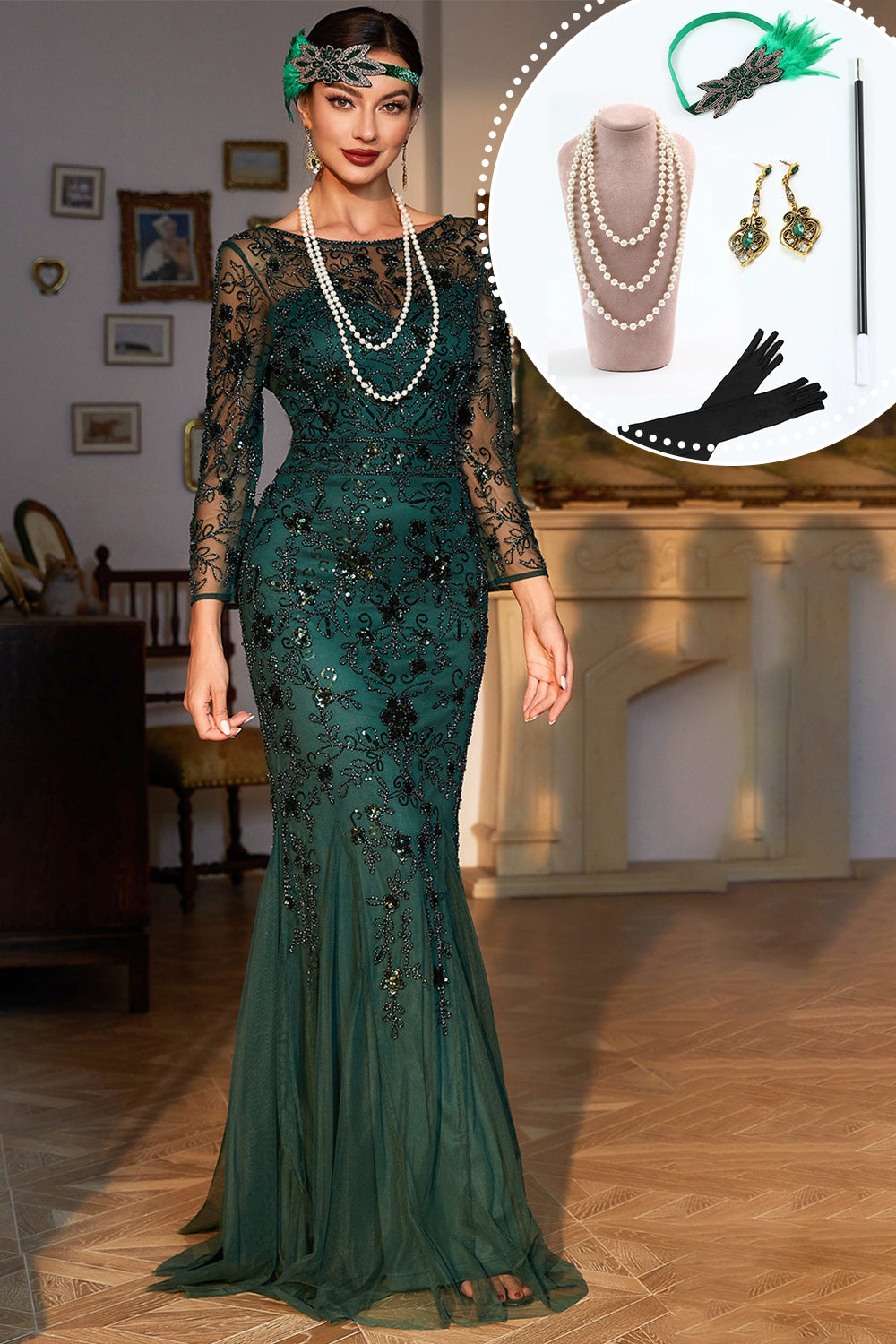 Sparkly Dark Green Sequined Long 1920s Flapper Dress with 20s Accessories