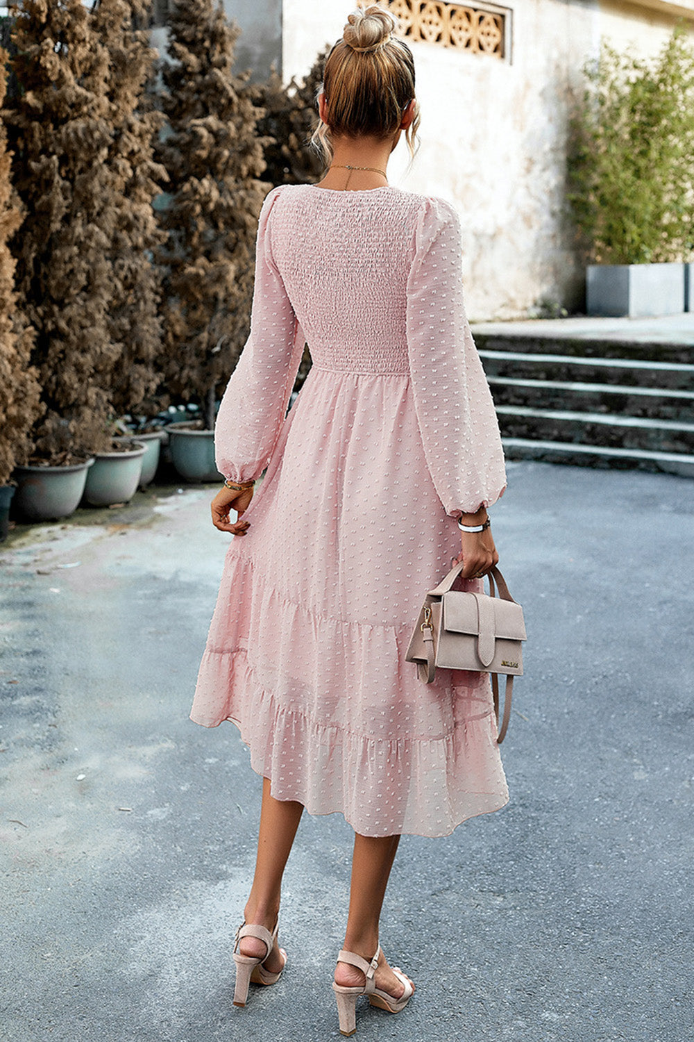 Pink A-Line Long Sleeves Midi Casual Dress