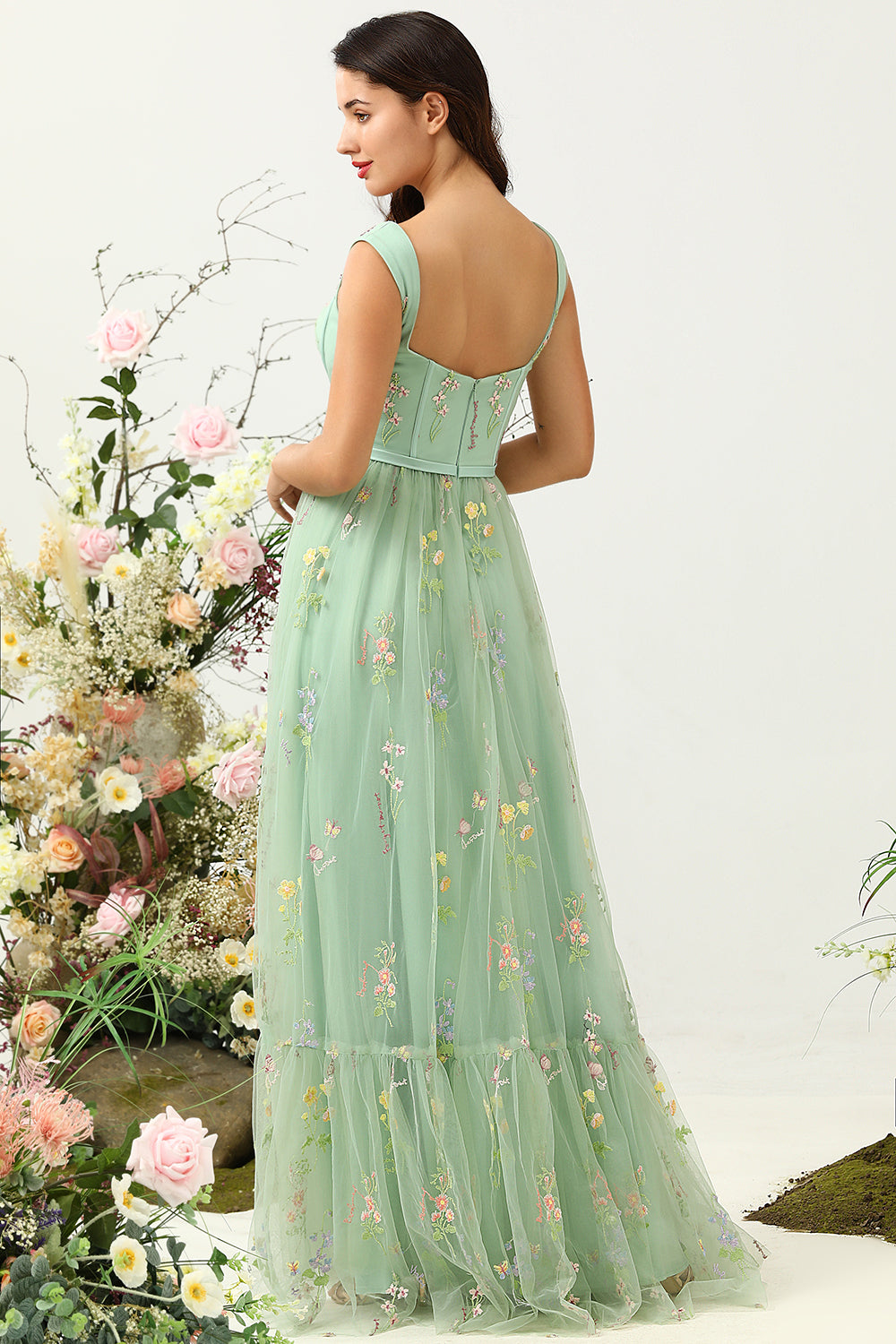 Gorgeous A-Line Square Neck Green Long Prom Dress with Embroidery