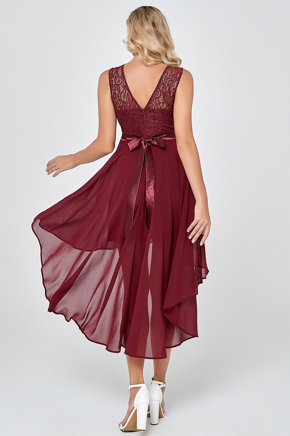Burgundy High Low Chiffon Party Dress with Lace
