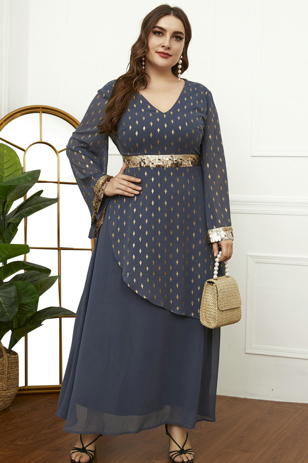 Grey Blue Polka Dots Mother of the Bride Dress with Sequins