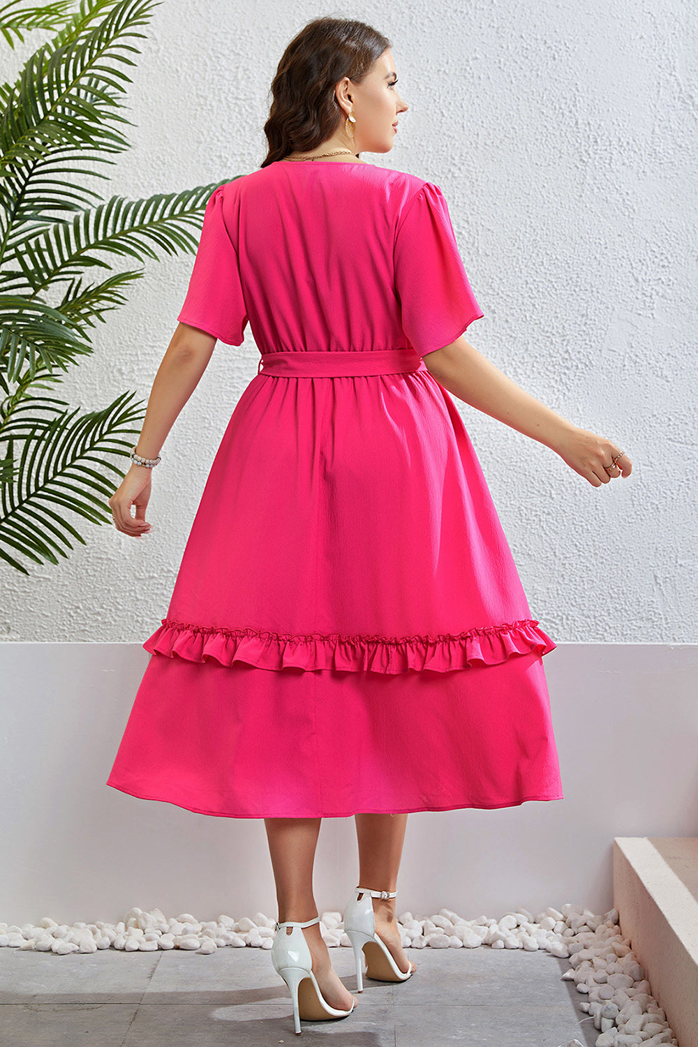 V Neck Fuchsia A Line Plus Size Summer Dress With Belt