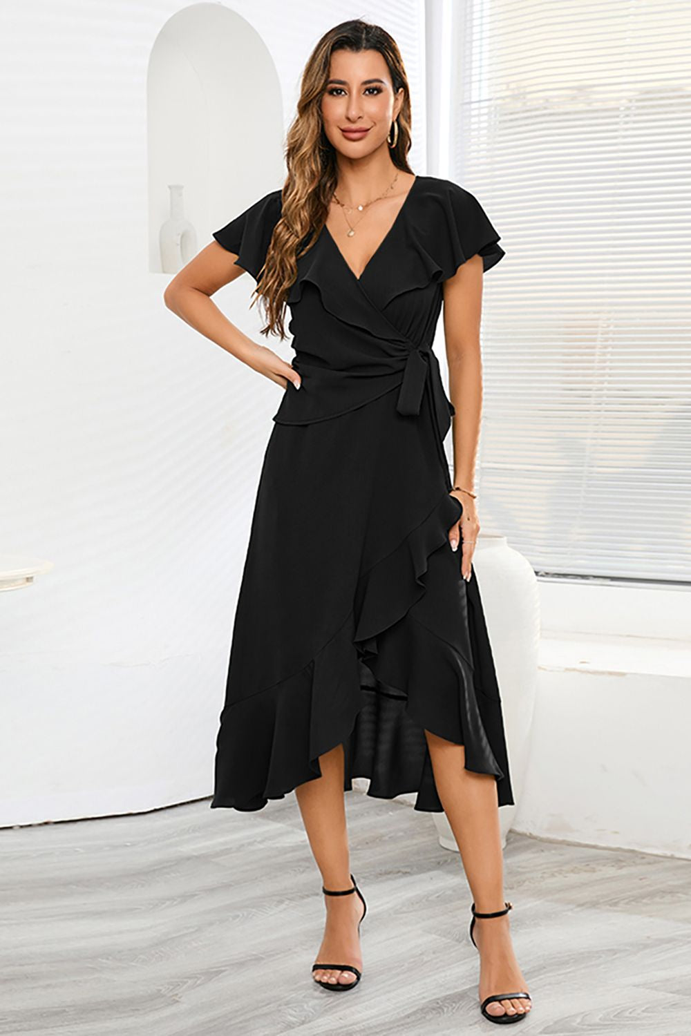 V-Neck Black Casual Dress with Ruffles