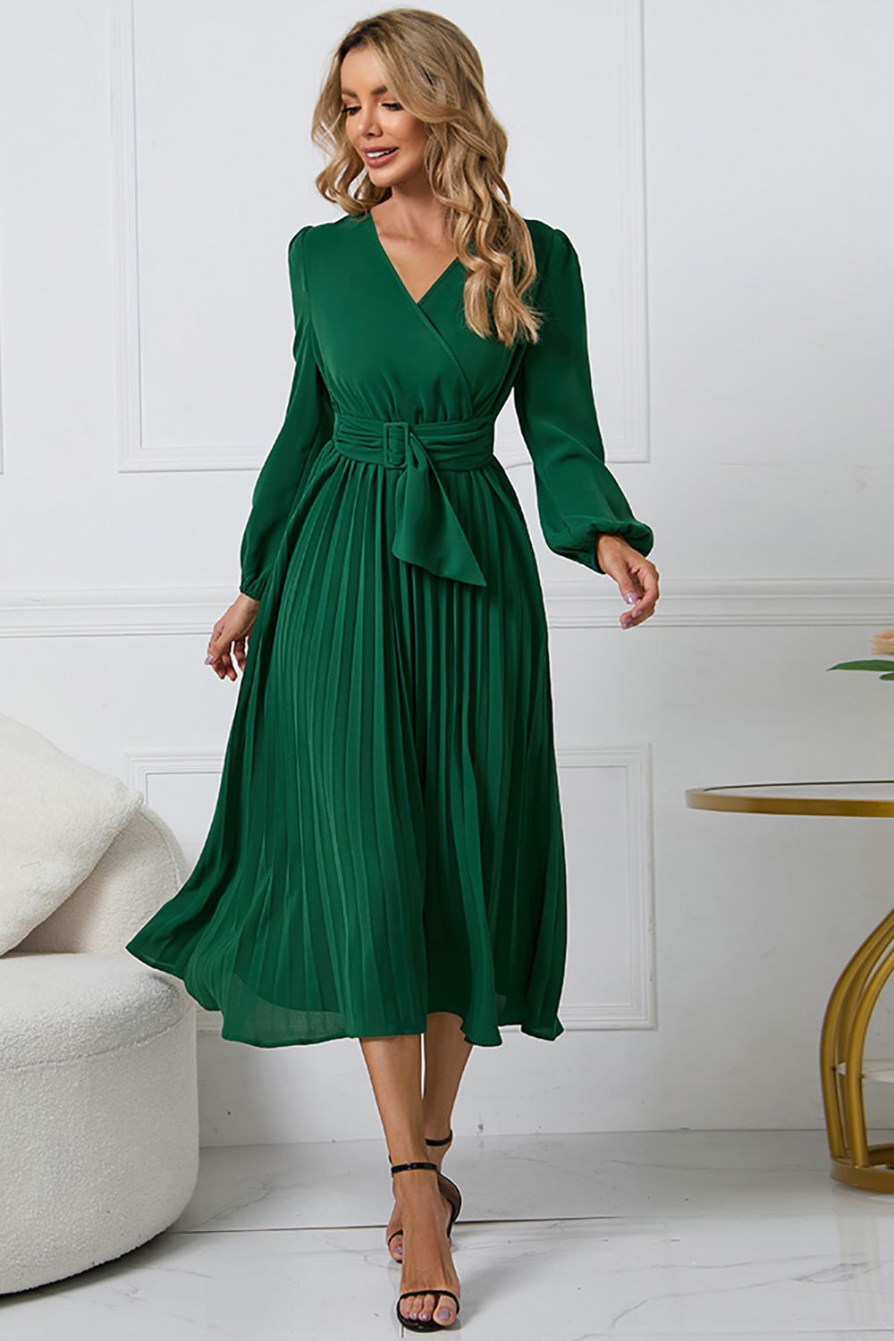 Long Sleeves Green Casual Dress with Ruffles