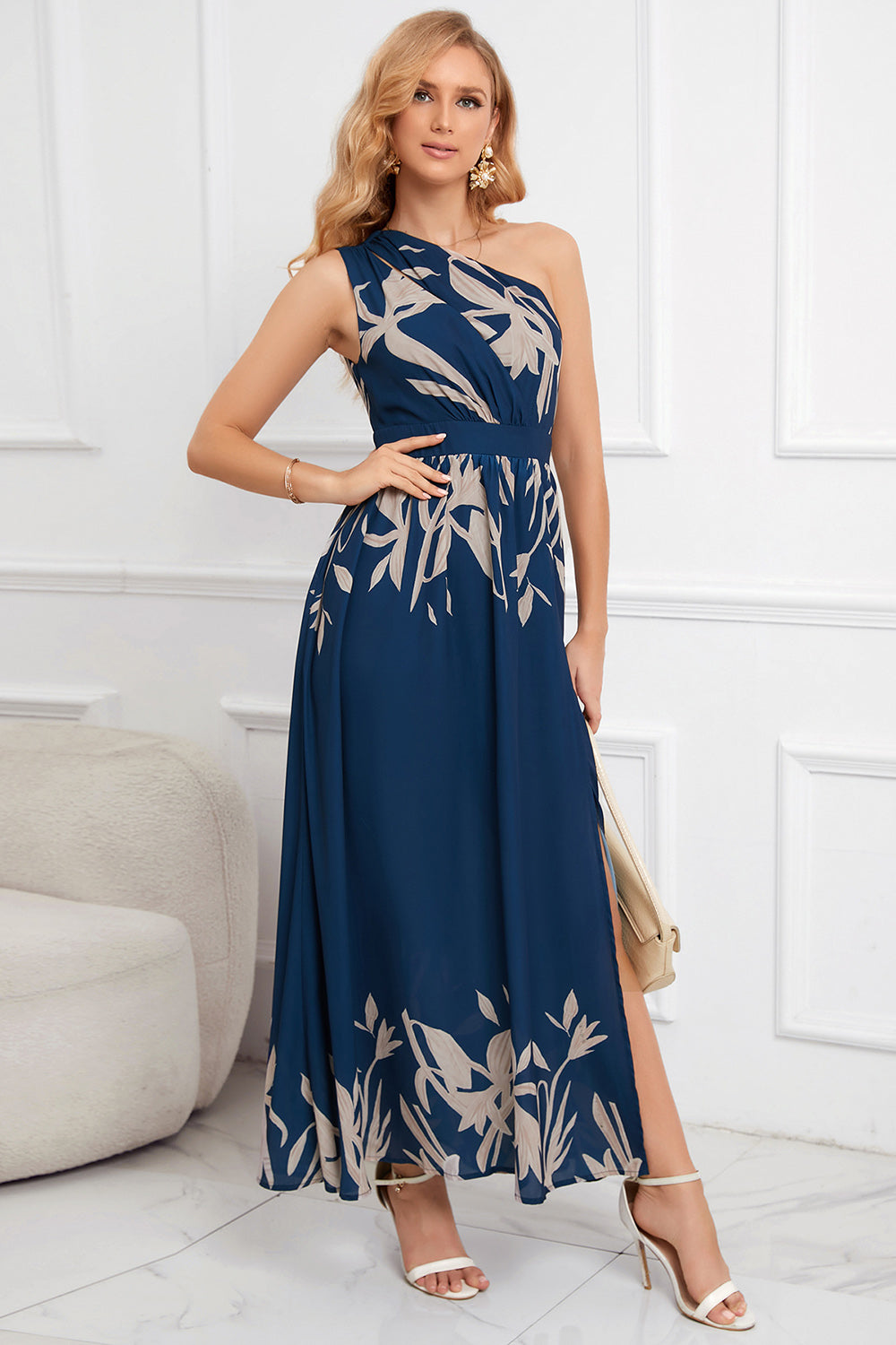 Blue One Shoulder A line Printed Summer Dress with Slit