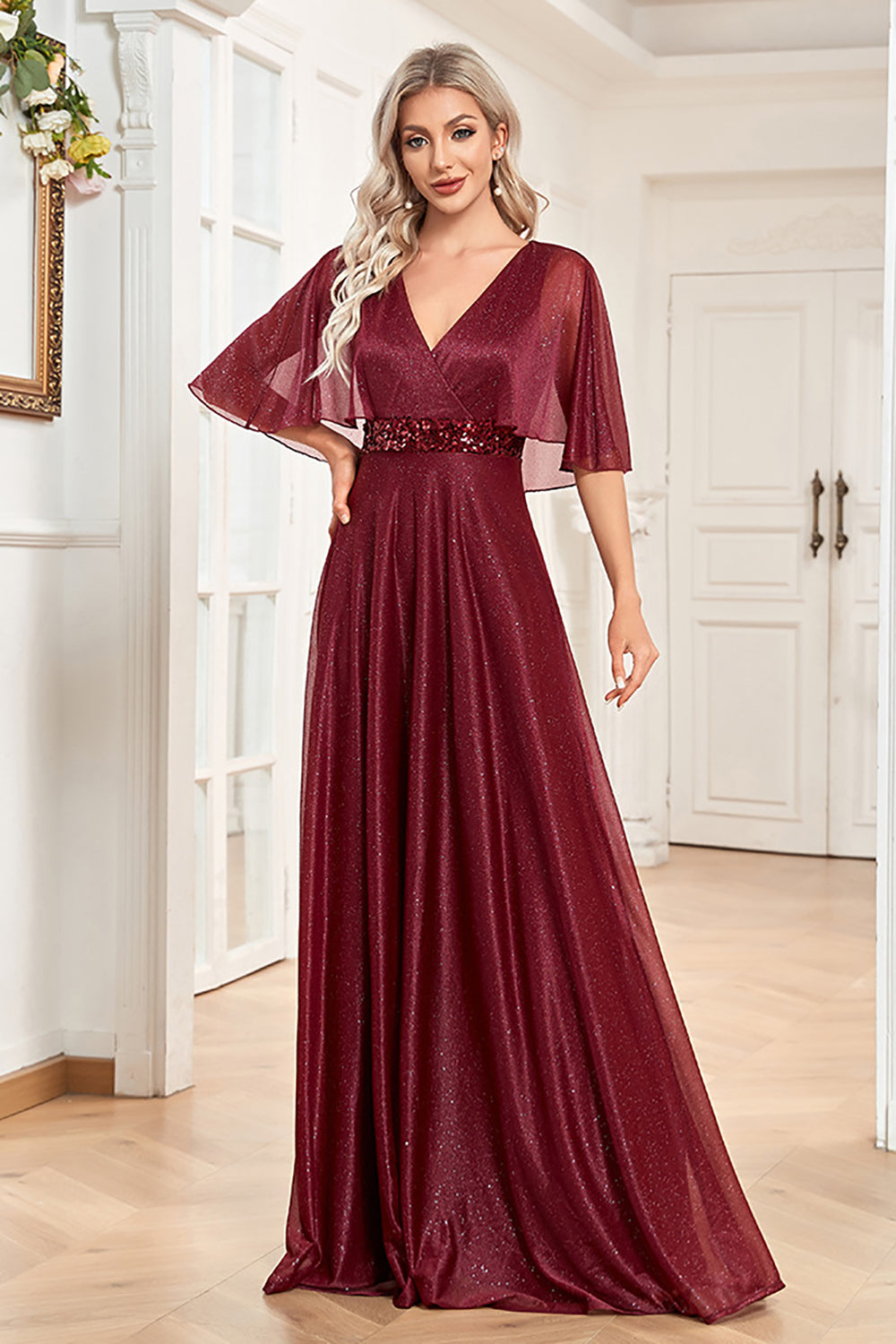 V-Neck Burgundy Long Mother of the Bride Dress with Sequins