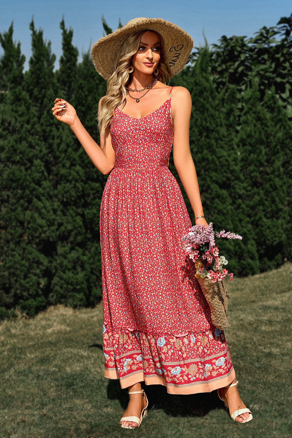 Red Printed Spaghetti Straps Boho Long Summer Dress