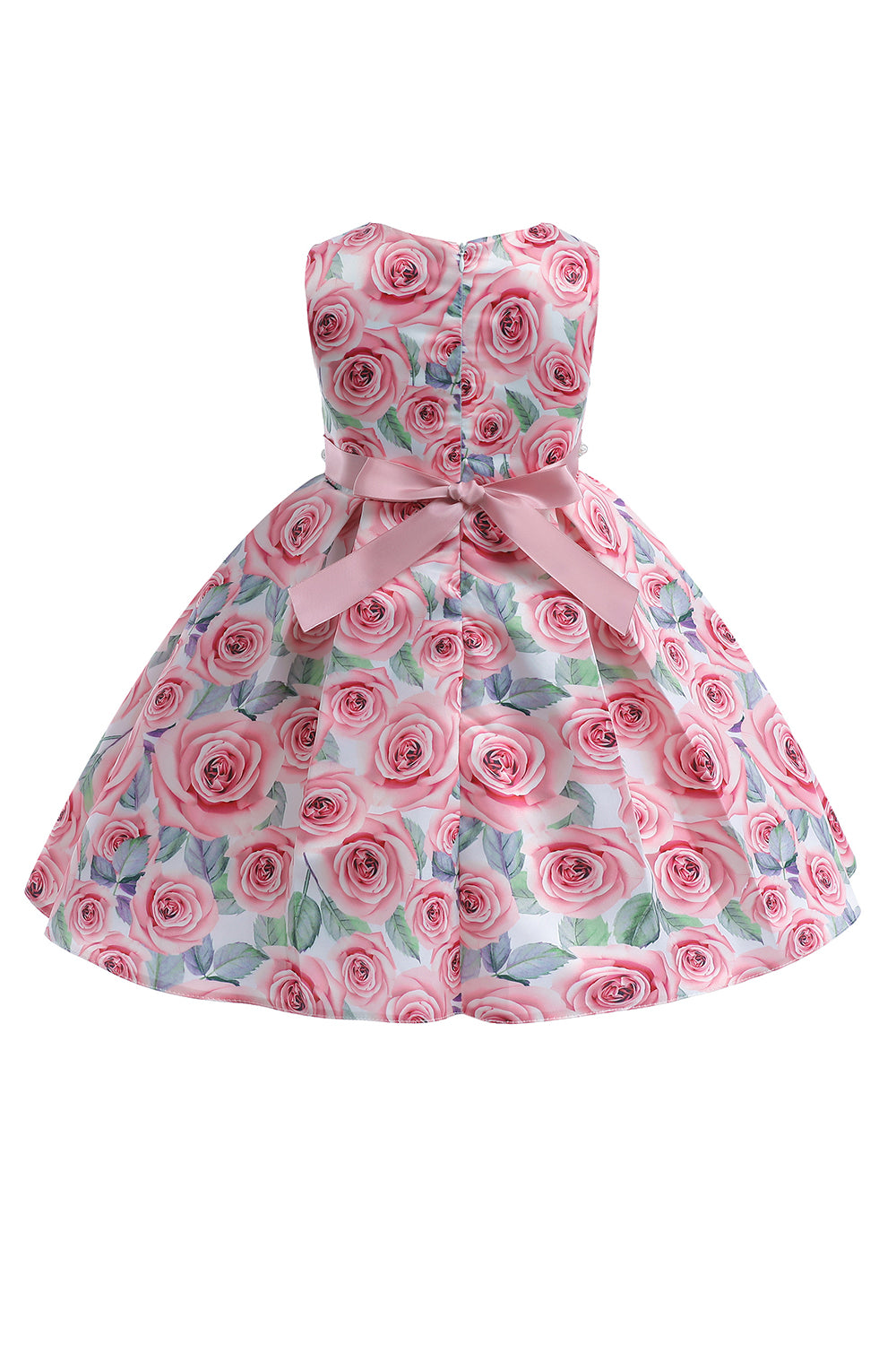 Boat Neck Flower Printed Pink Girls Dress with Beading