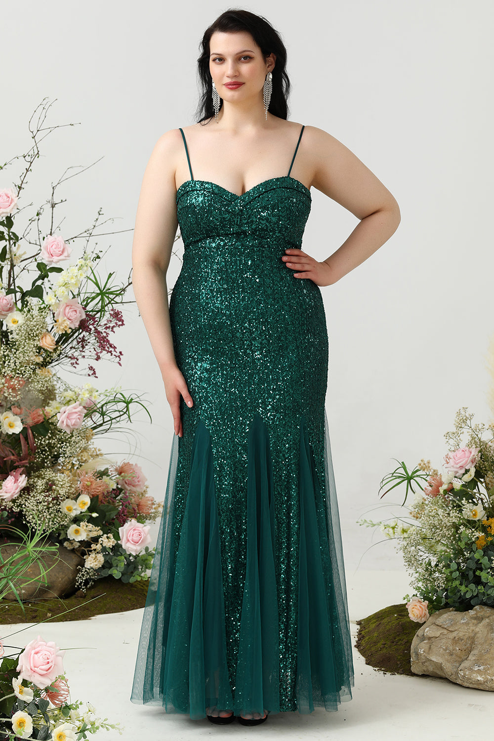 Sheath Spaghetti Straps Dark Green Sequins Plus Size Prom Dress