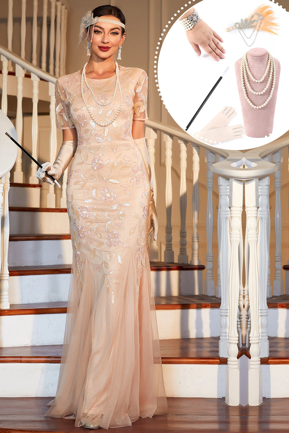 Sparkly Blush Sequined Long 1920s Flapper Dress with 20s Accessories