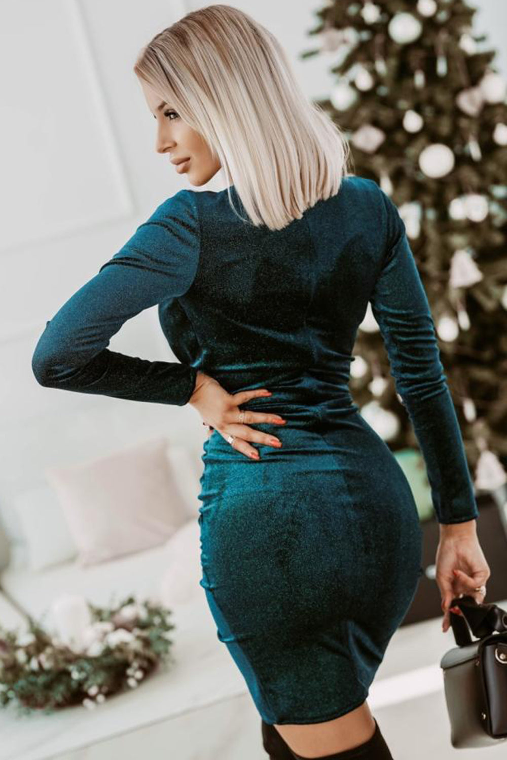 Velvet Long Sleeves V-neck Christmas Dress