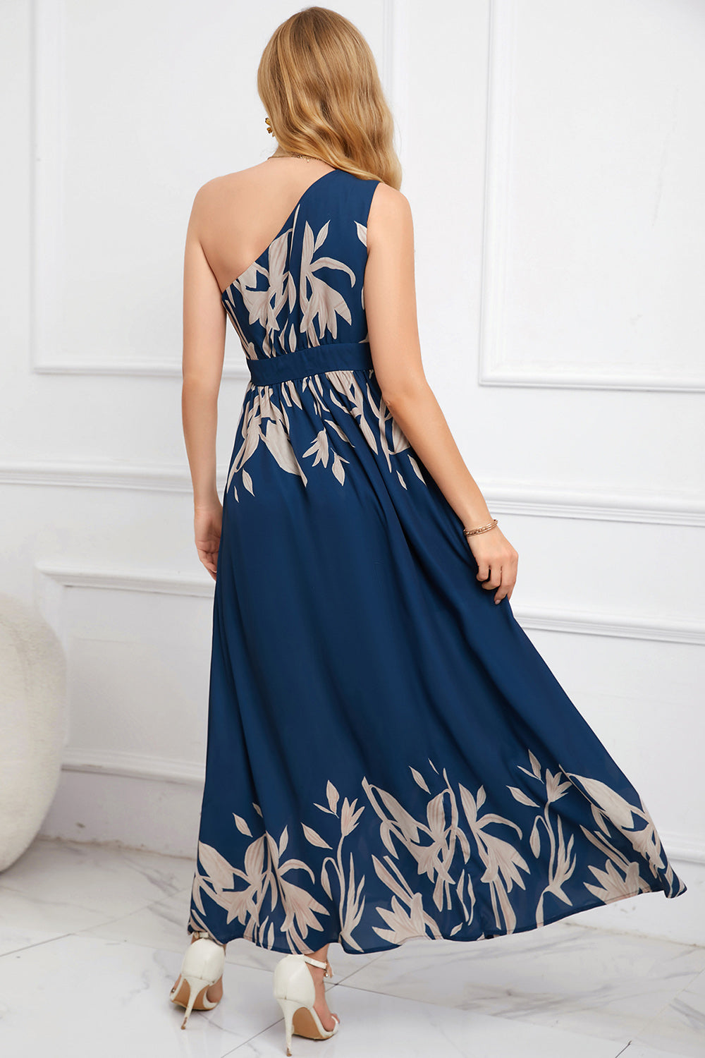 Blue One Shoulder A line Printed Summer Dress with Slit