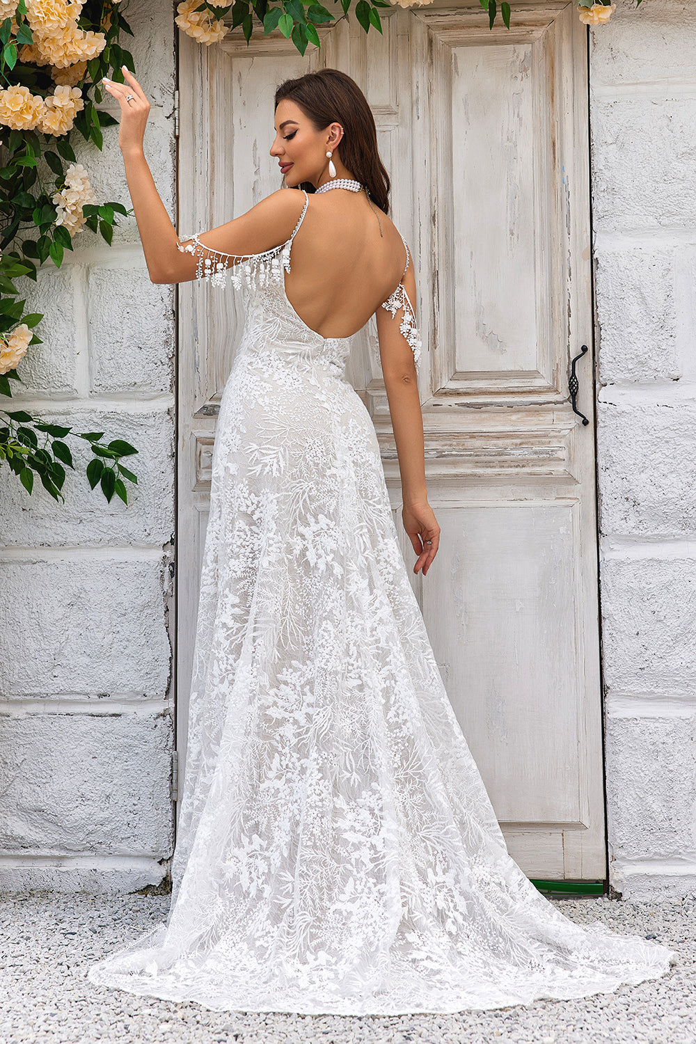 Mermaid Spaghetti Straps Ivory Wedding Dress with Fringes Lace