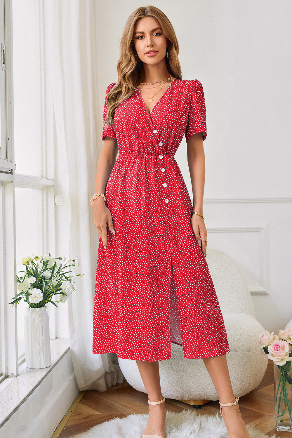 Red Printed Short Sleeve V-Neck Summer Dress With Slit