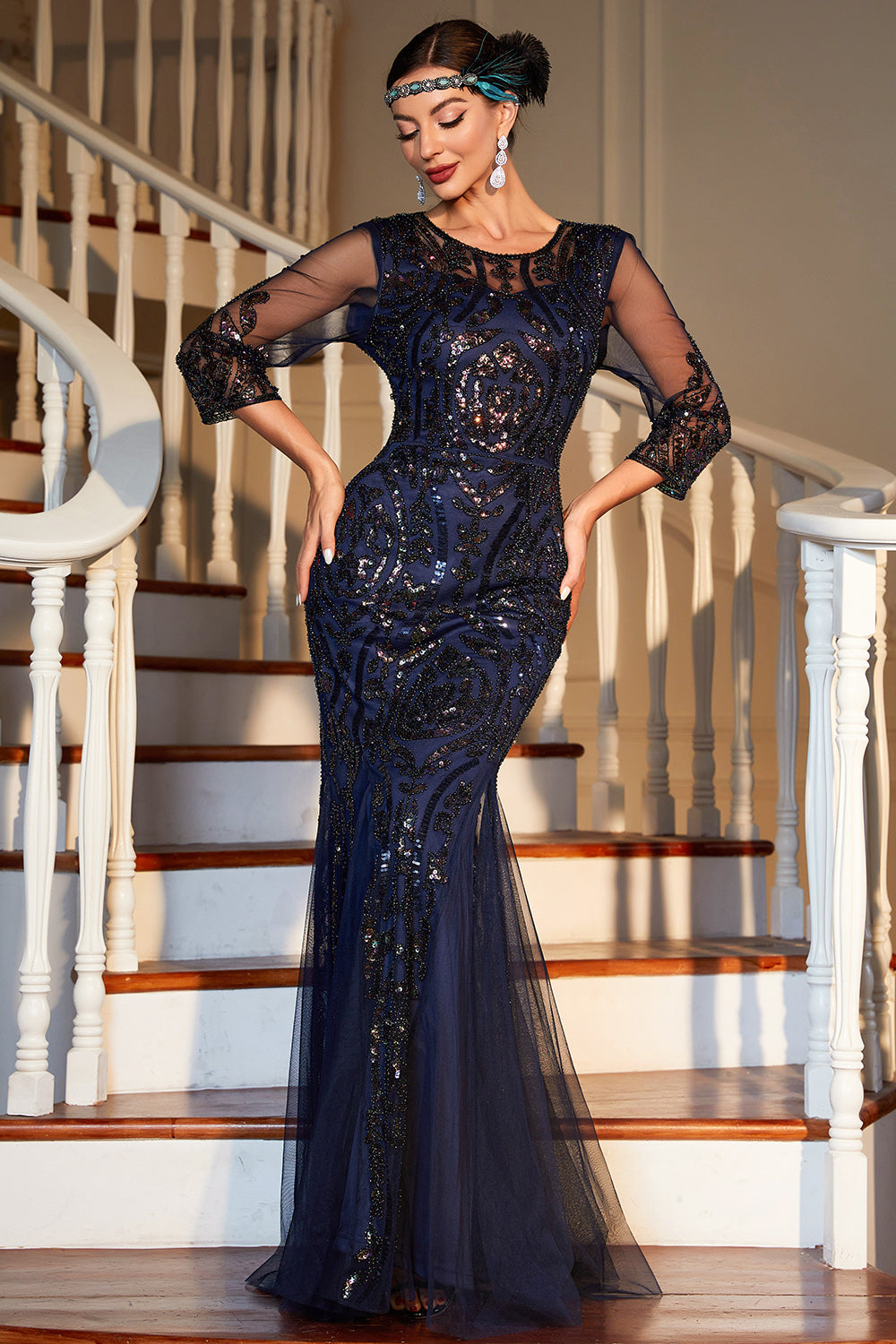 Navy Long Sleeves Sequined 1920s Gatsby Dress with 20s Accessories