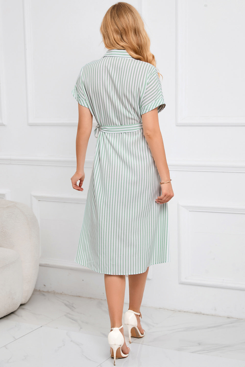 Light Green Stripes Summer Dress with Belt